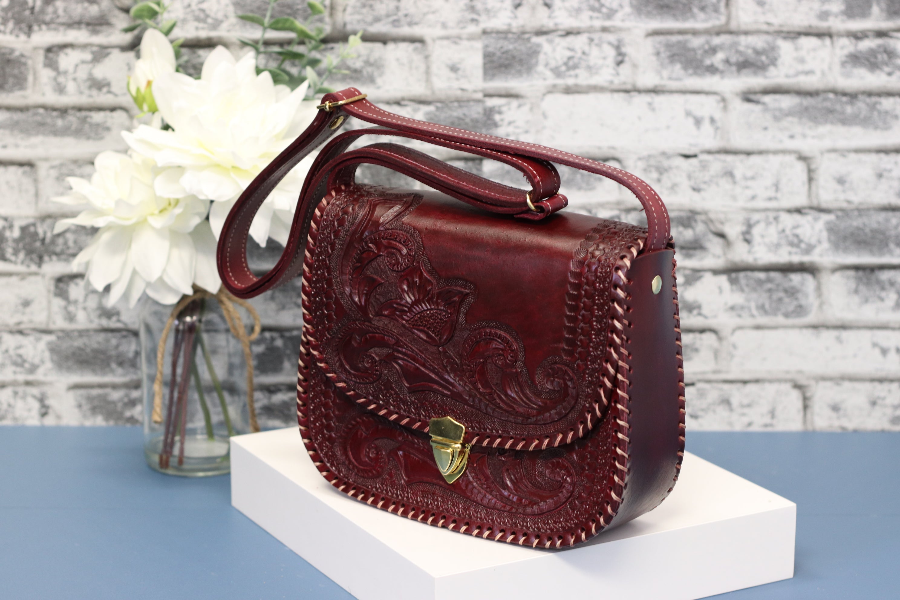 Wine Color Hand Tooled Mexican Leather Clutch with Floral Design Purse Fashion