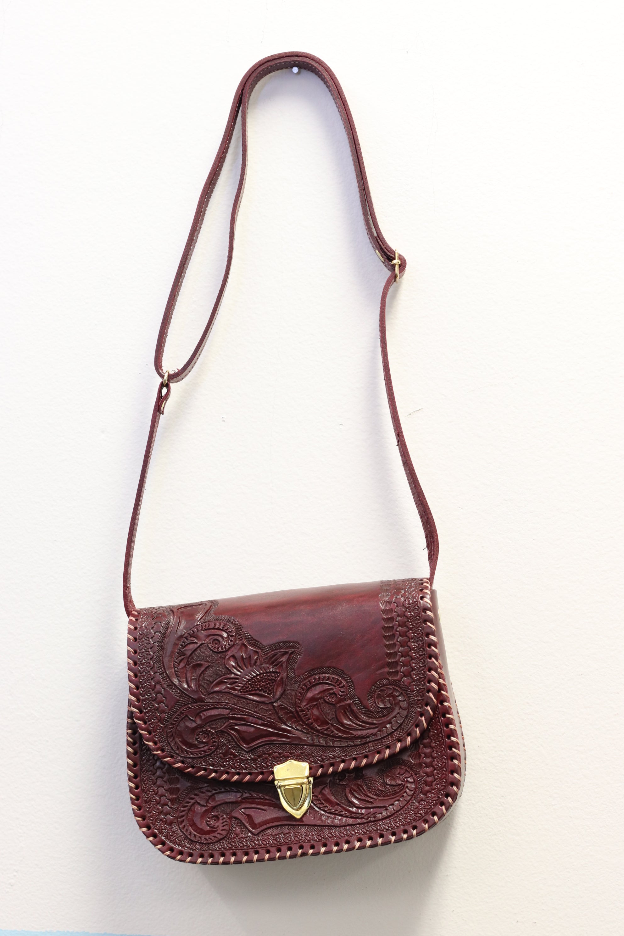 Wine Color Hand Tooled Mexican Leather Clutch with Floral Design Purse Fashion