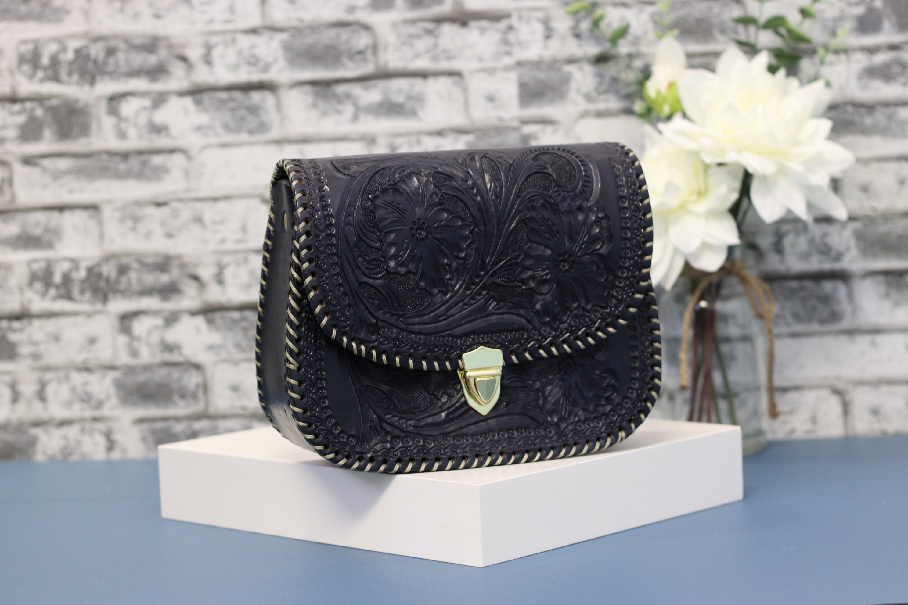 Blue Hand Tooled Mexican Leather Clutch with Floral Design Purse Fashion