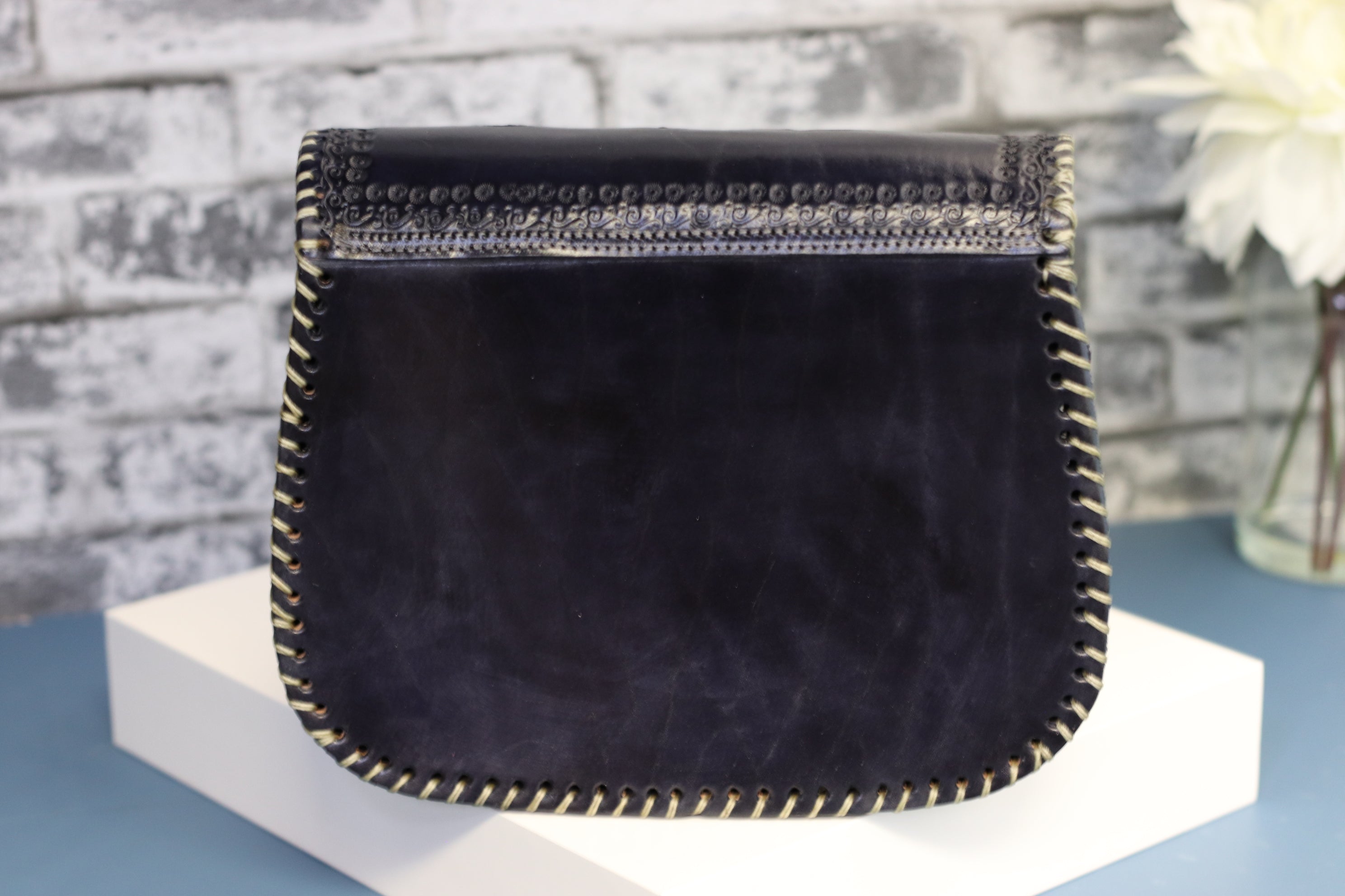 Blue Hand Tooled Mexican Leather Clutch with Floral Design Purse Fashion