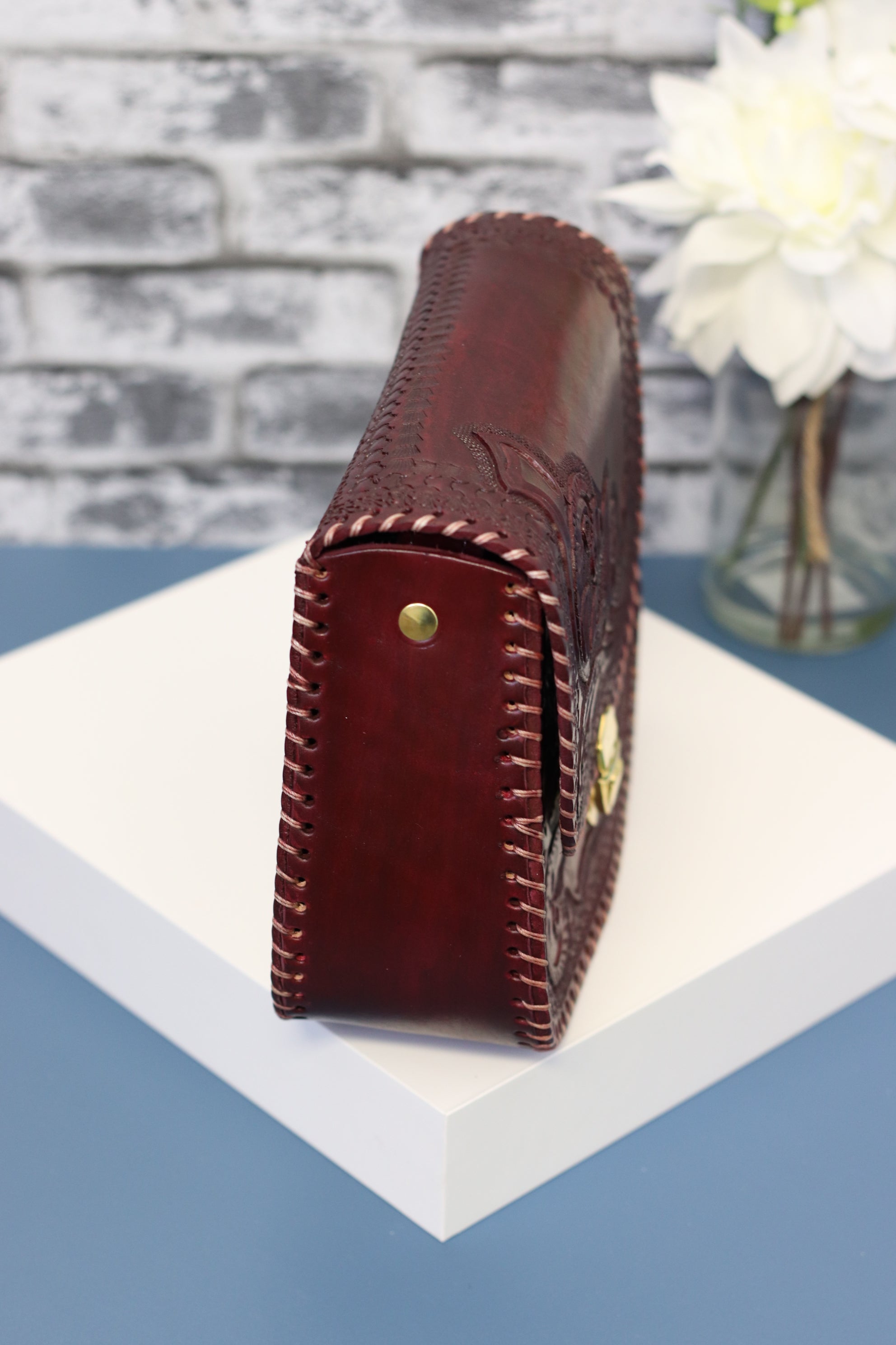 Wine Color Hand Tooled Mexican Leather Clutch with Floral Design Purse Fashion