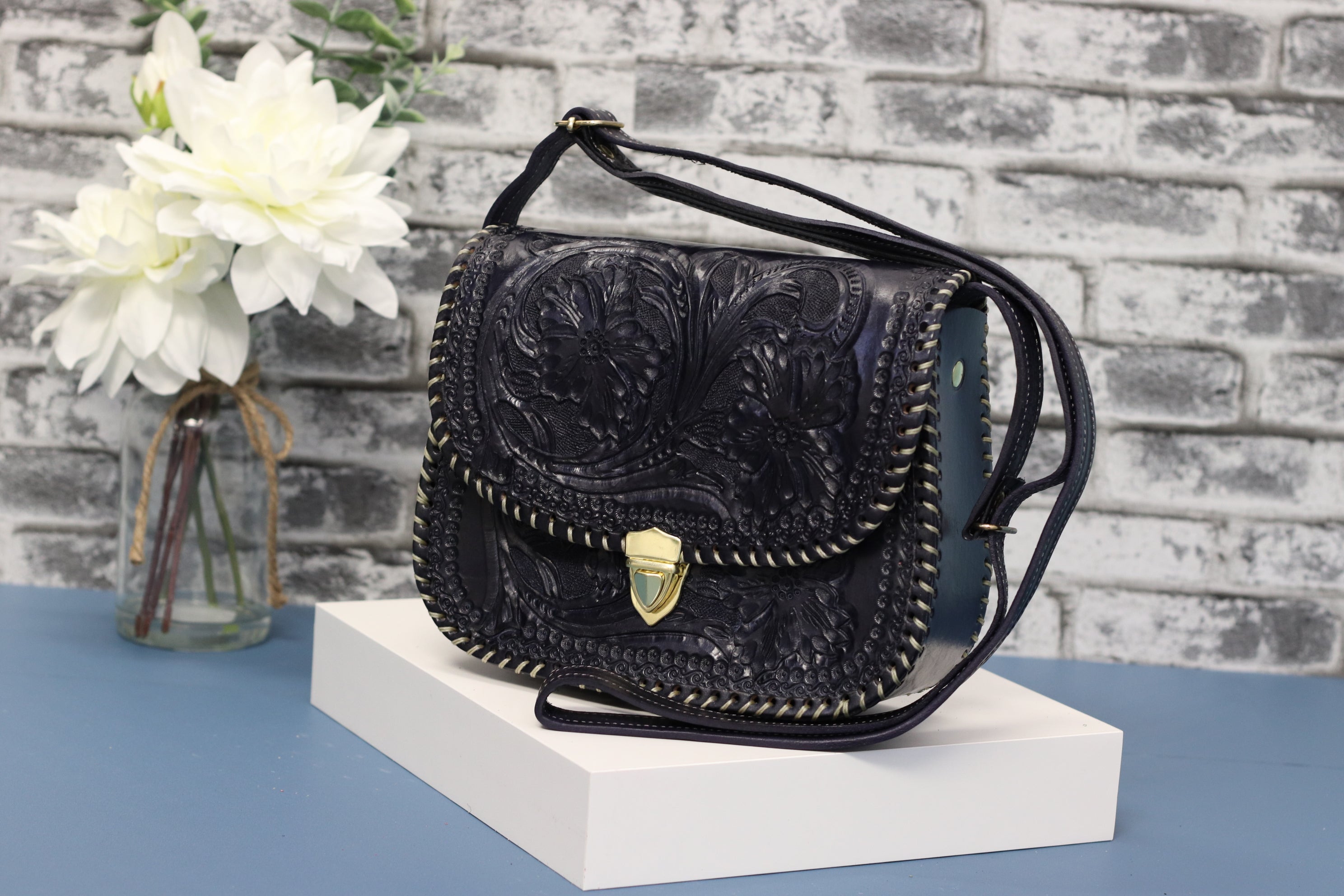 Blue Hand Tooled Mexican Leather Clutch with Floral Design Purse Fashion