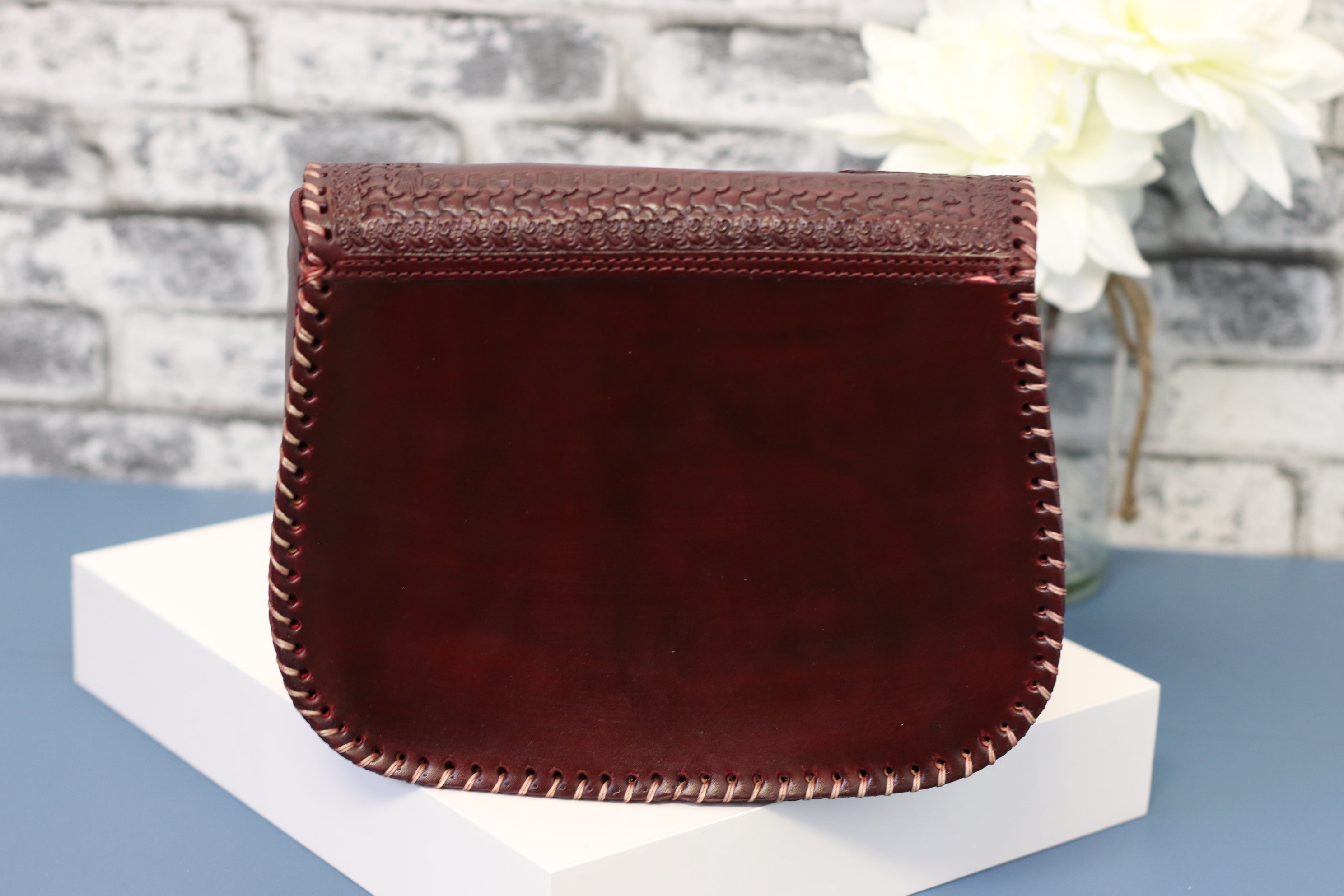 Wine Color Hand Tooled Mexican Leather Clutch with Floral Design Purse Fashion