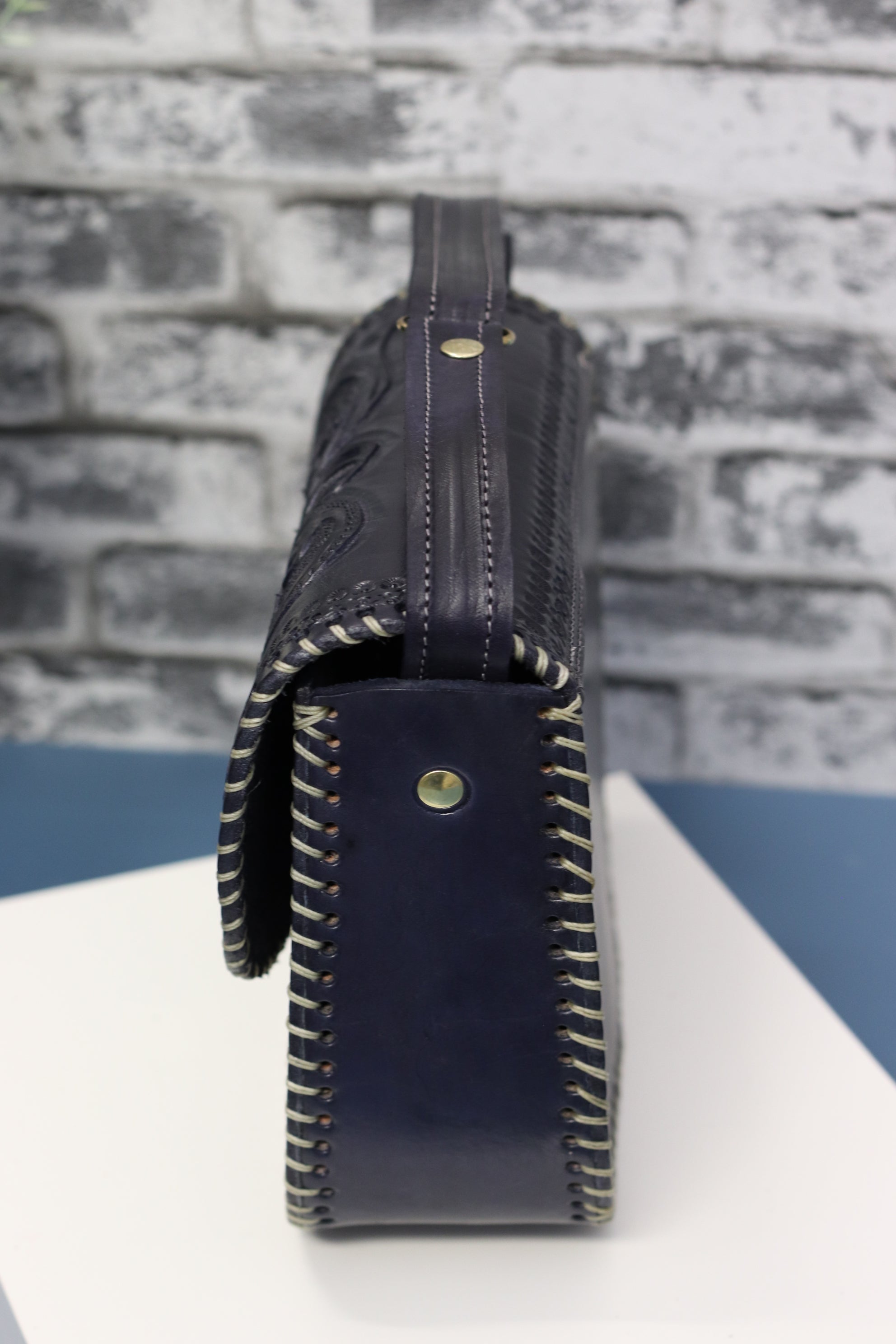 Blue Hand Tooled Mexican Leather Clutch with Floral Design Purse Fashion