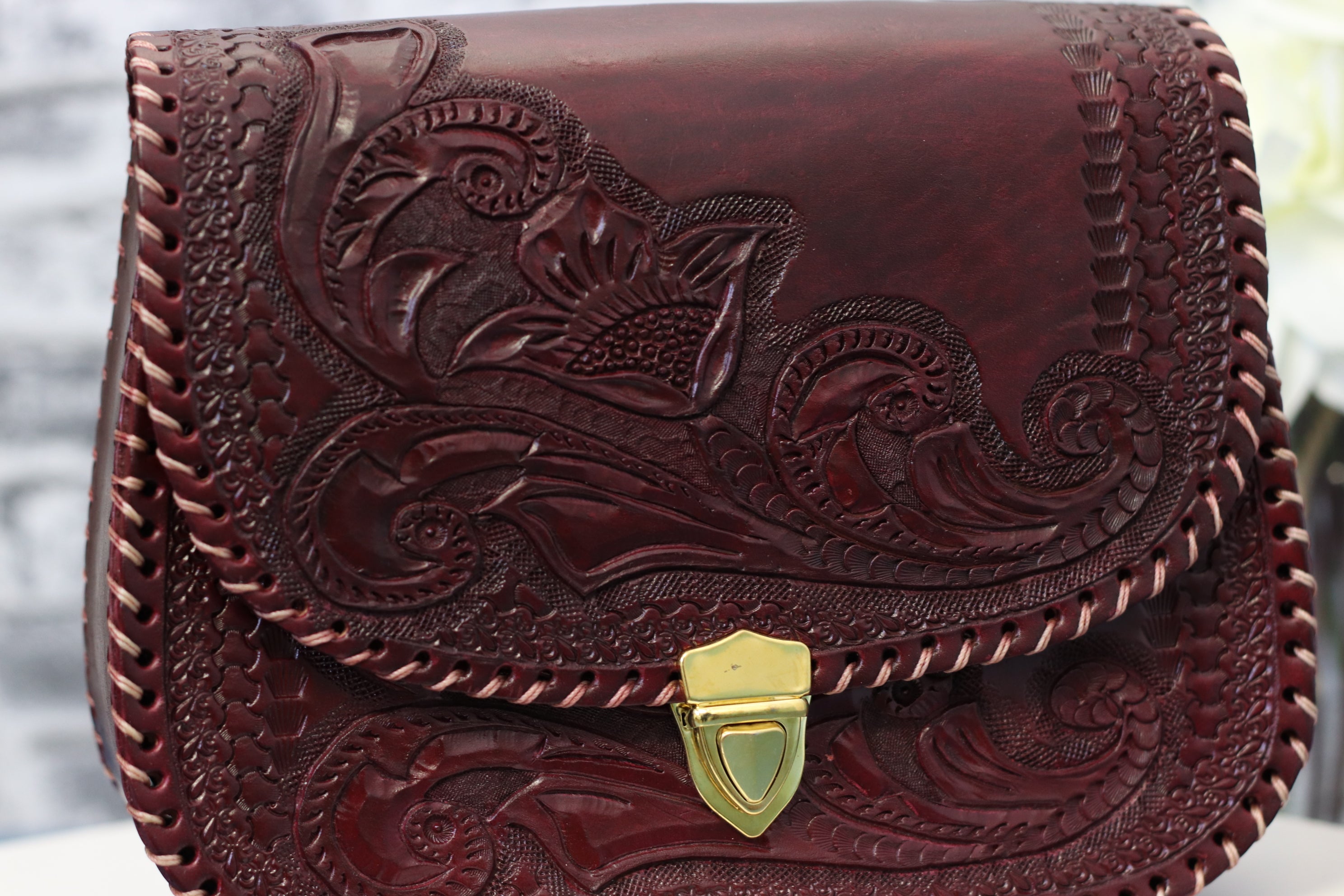Wine Color Hand Tooled Mexican Leather Clutch with Floral Design Purse Fashion