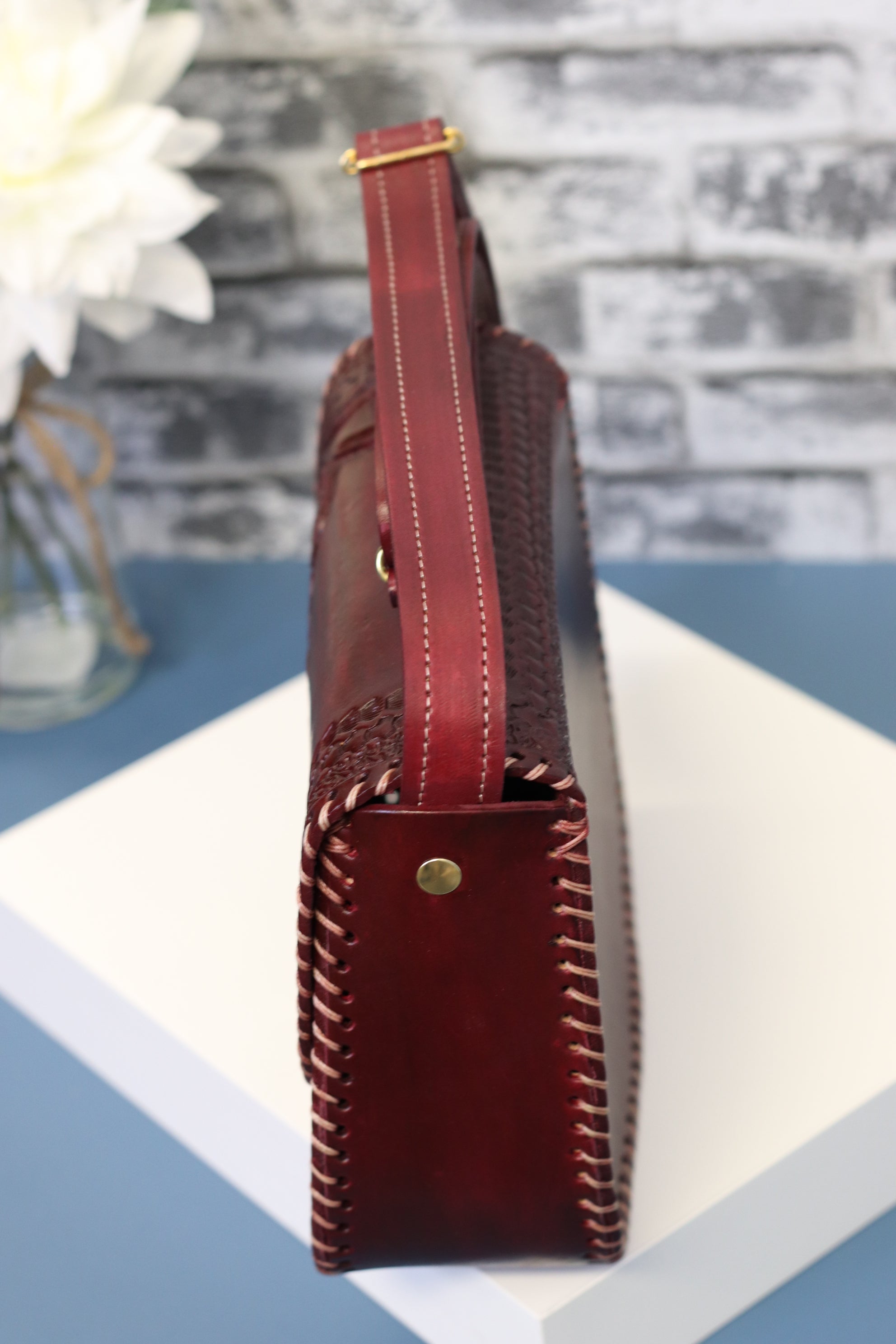 Wine Color Hand Tooled Mexican Leather Clutch with Floral Design Purse Fashion