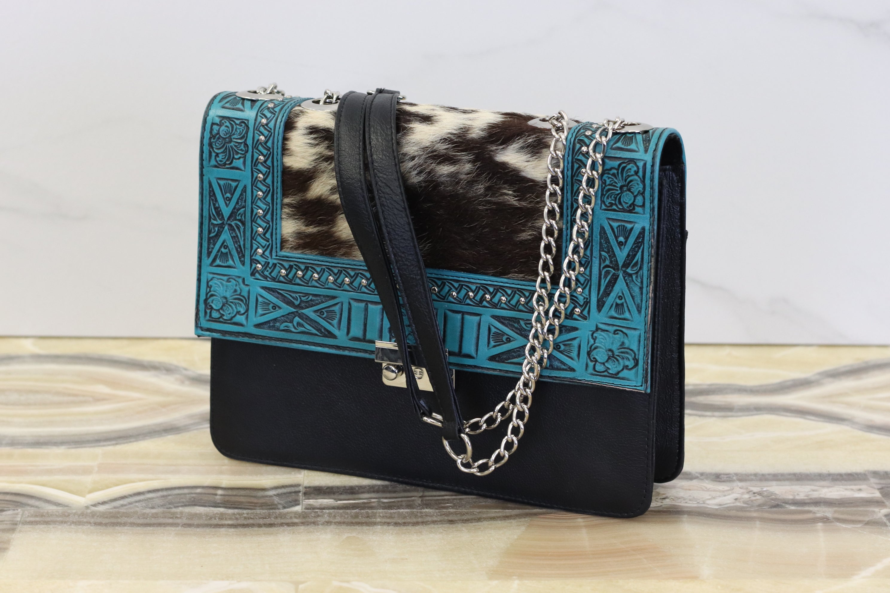 Black Hand Tooled Cow Hide Leather Purse Purse Fashion