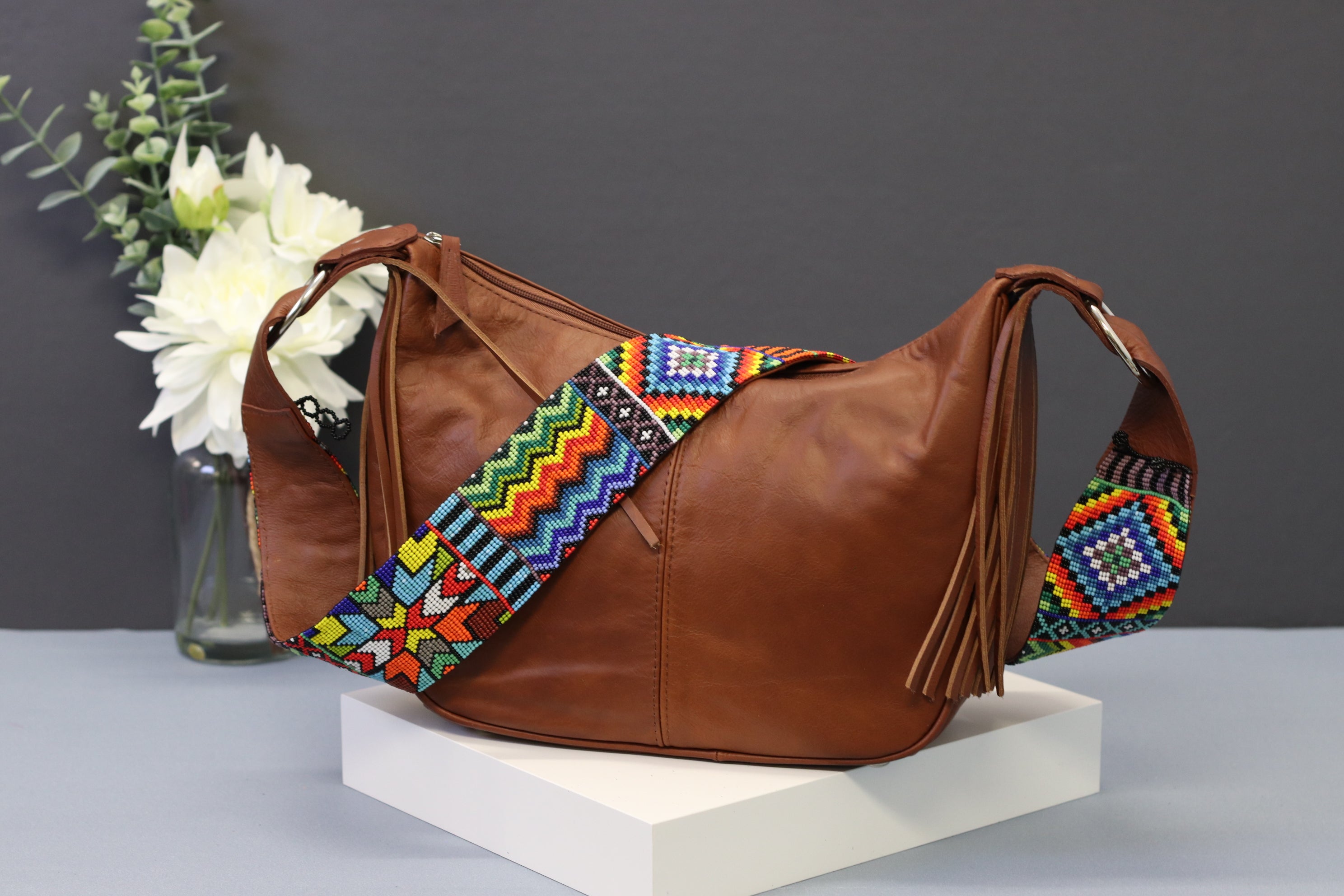 Brown Leather Messenger Bag with Hand Beaded Shoulder Strap Purse Fashion