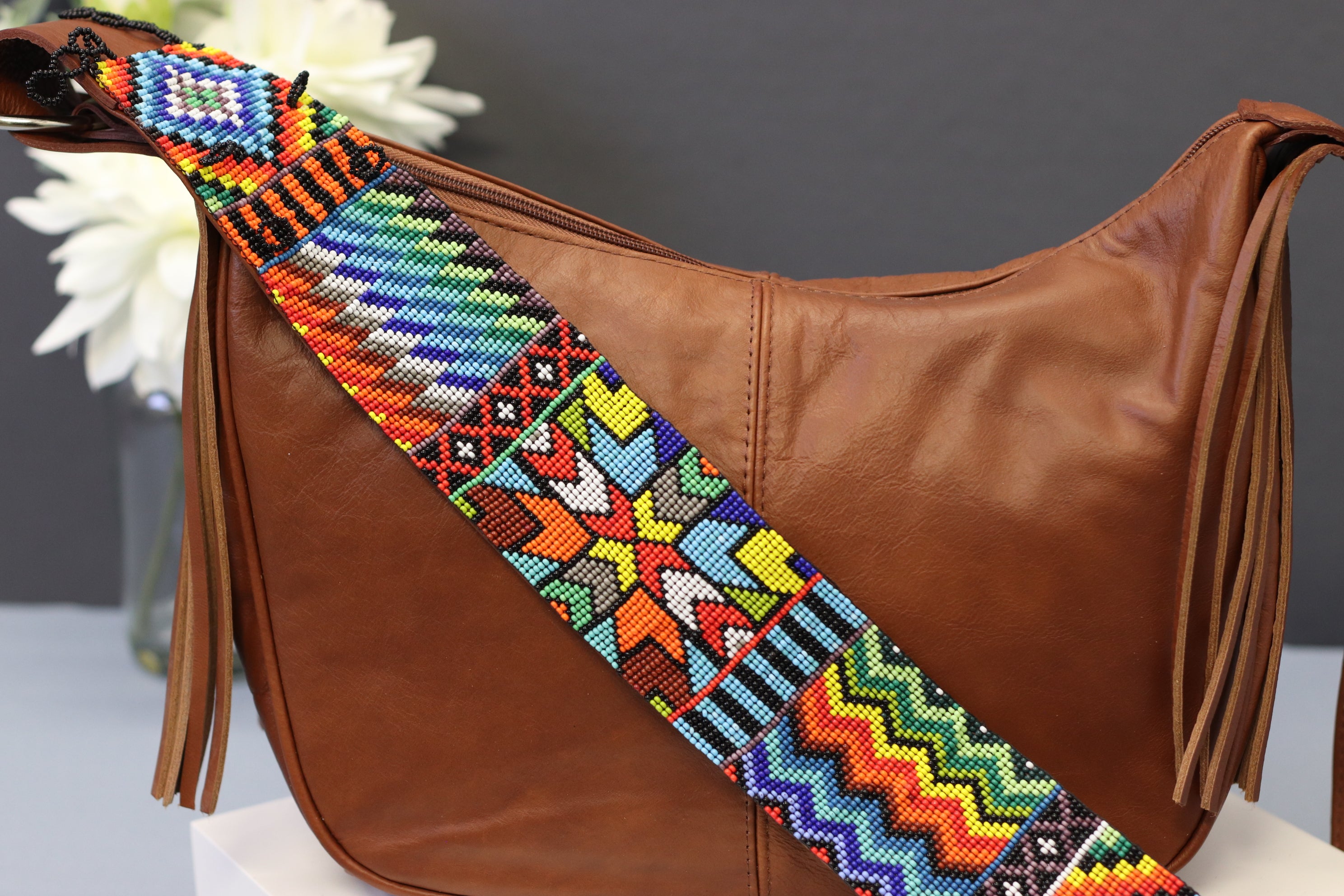 Brown Leather Messenger Bag with Hand Beaded Shoulder Strap Purse Fashion