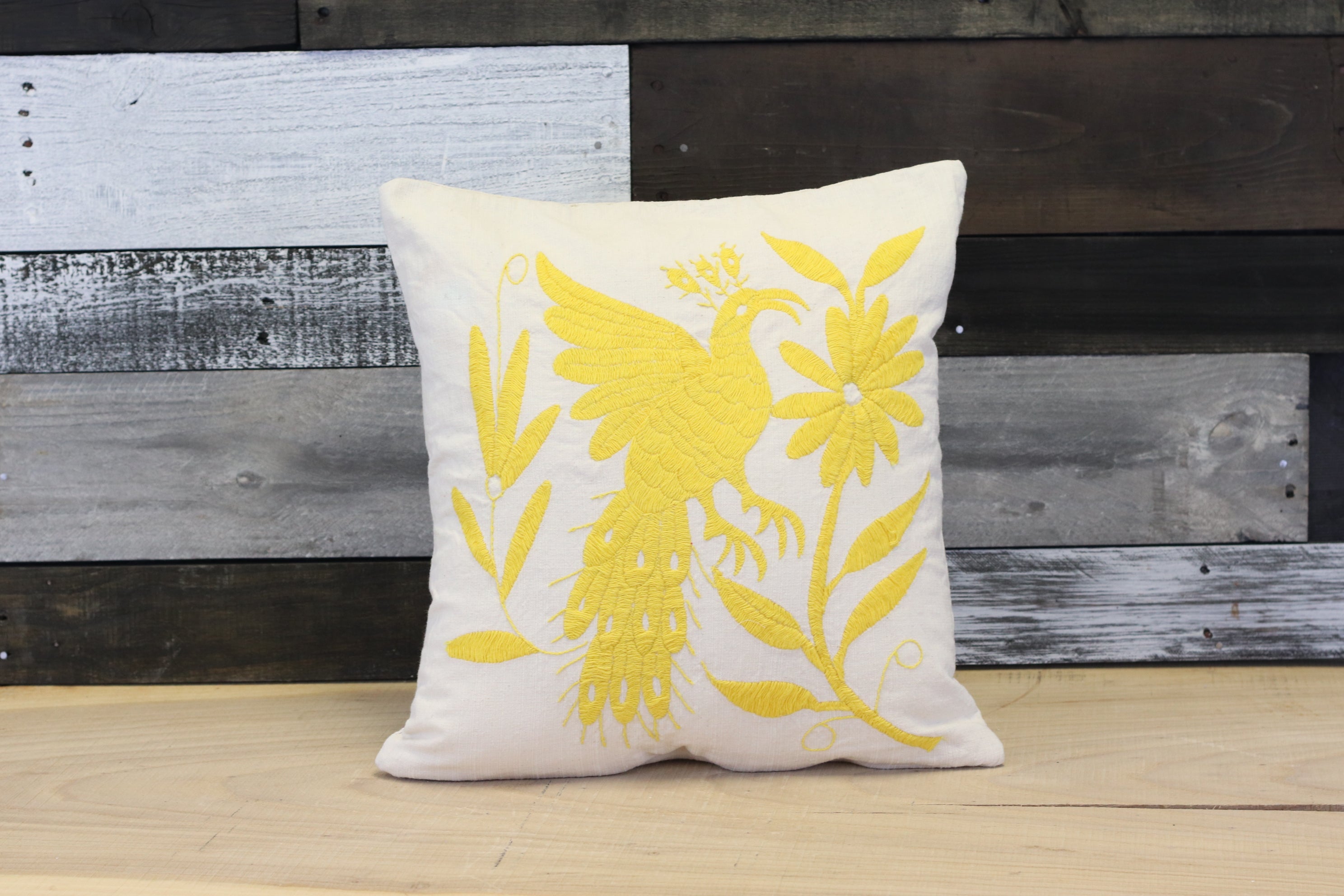Square Yellow Tenango Pillow Cover, Hand Embroidered Otomi Art, Handmade Authentic Mexican Decor Home Pillow Covers
