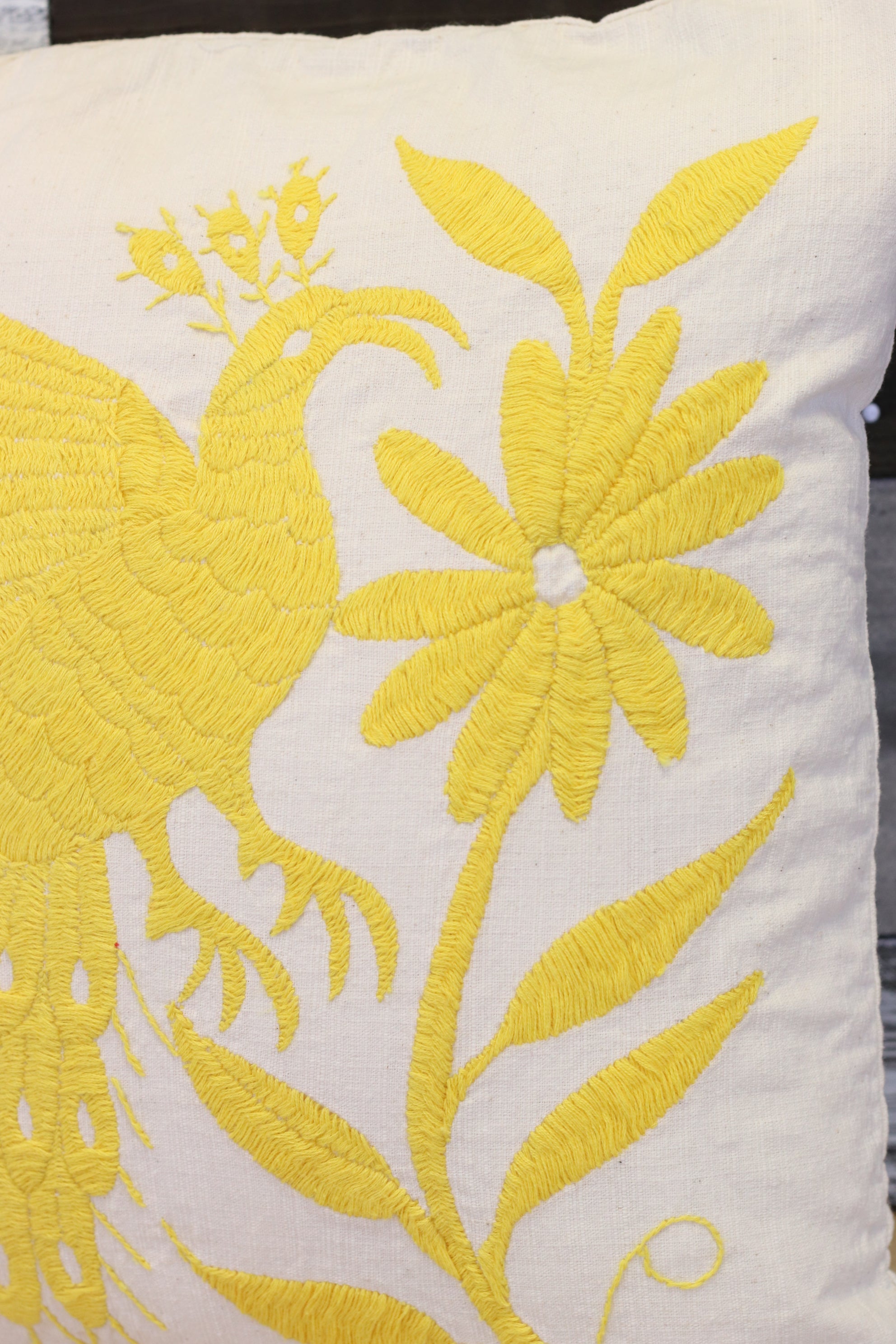 Square Yellow Tenango Pillow Cover, Hand Embroidered Otomi Art, Handmade Authentic Mexican Decor Home Pillow Covers