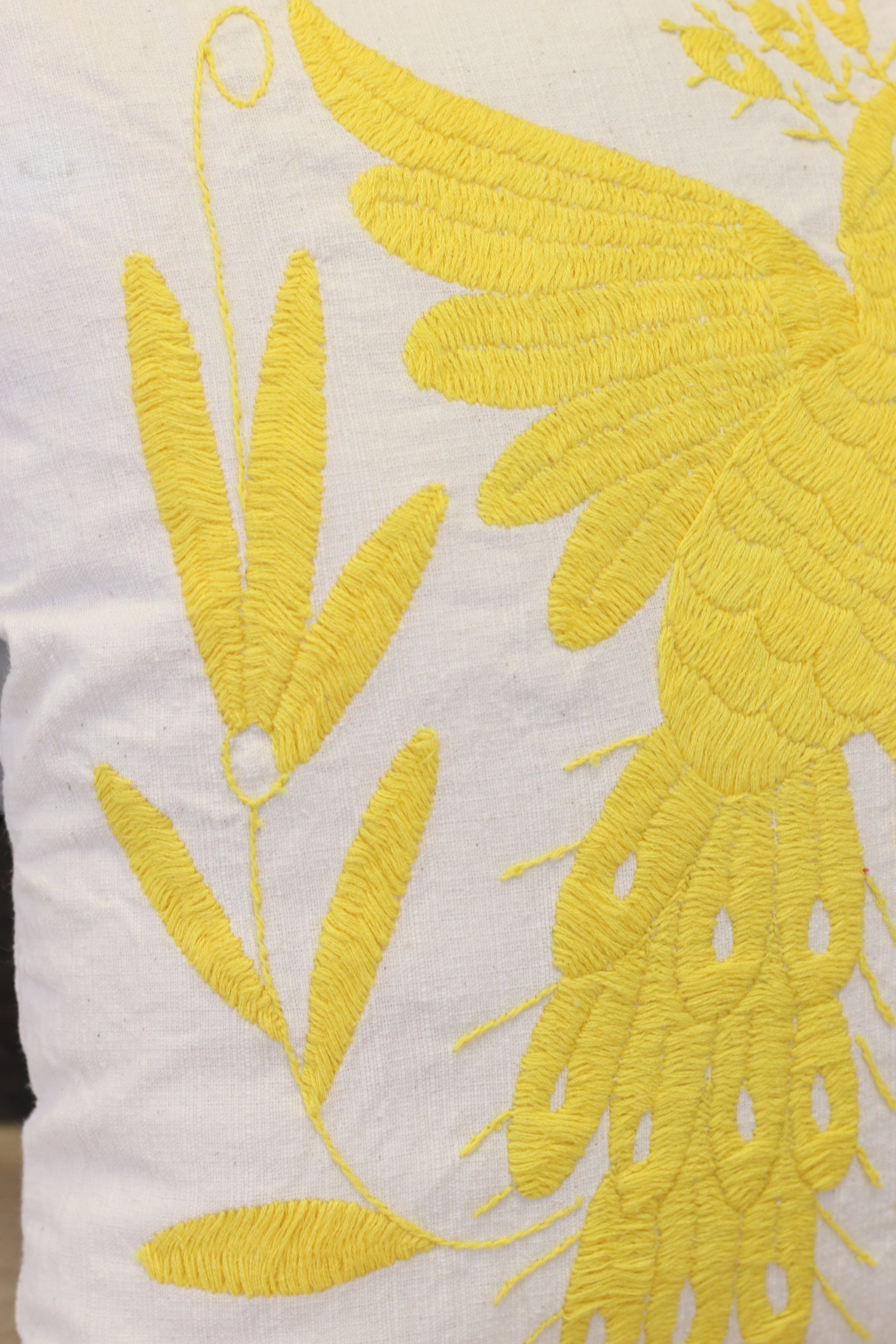 Square Yellow Tenango Pillow Cover, Hand Embroidered Otomi Art, Handmade Authentic Mexican Decor Home Pillow Covers