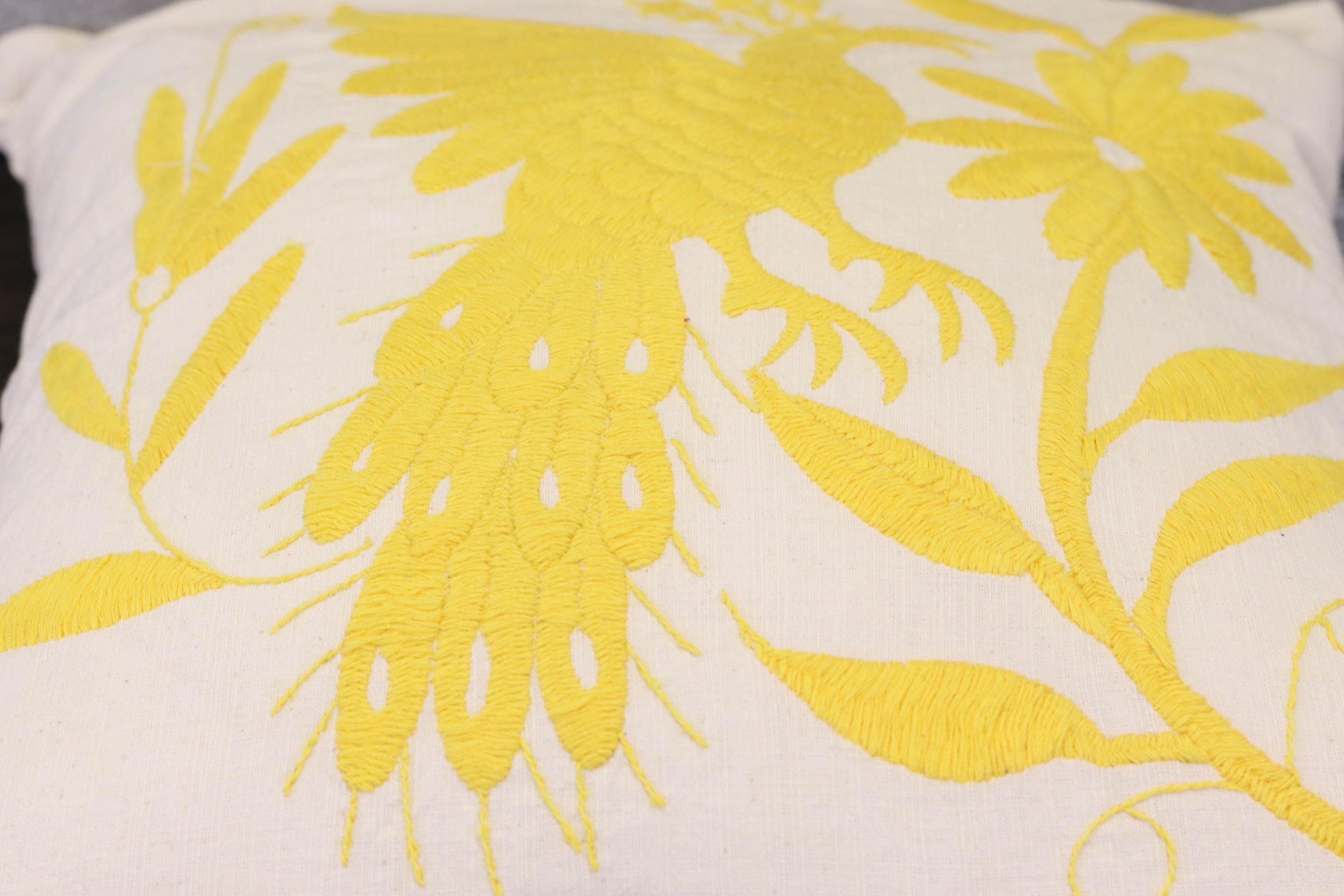 Square Yellow Tenango Pillow Cover, Hand Embroidered Otomi Art, Handmade Authentic Mexican Decor Home Pillow Covers