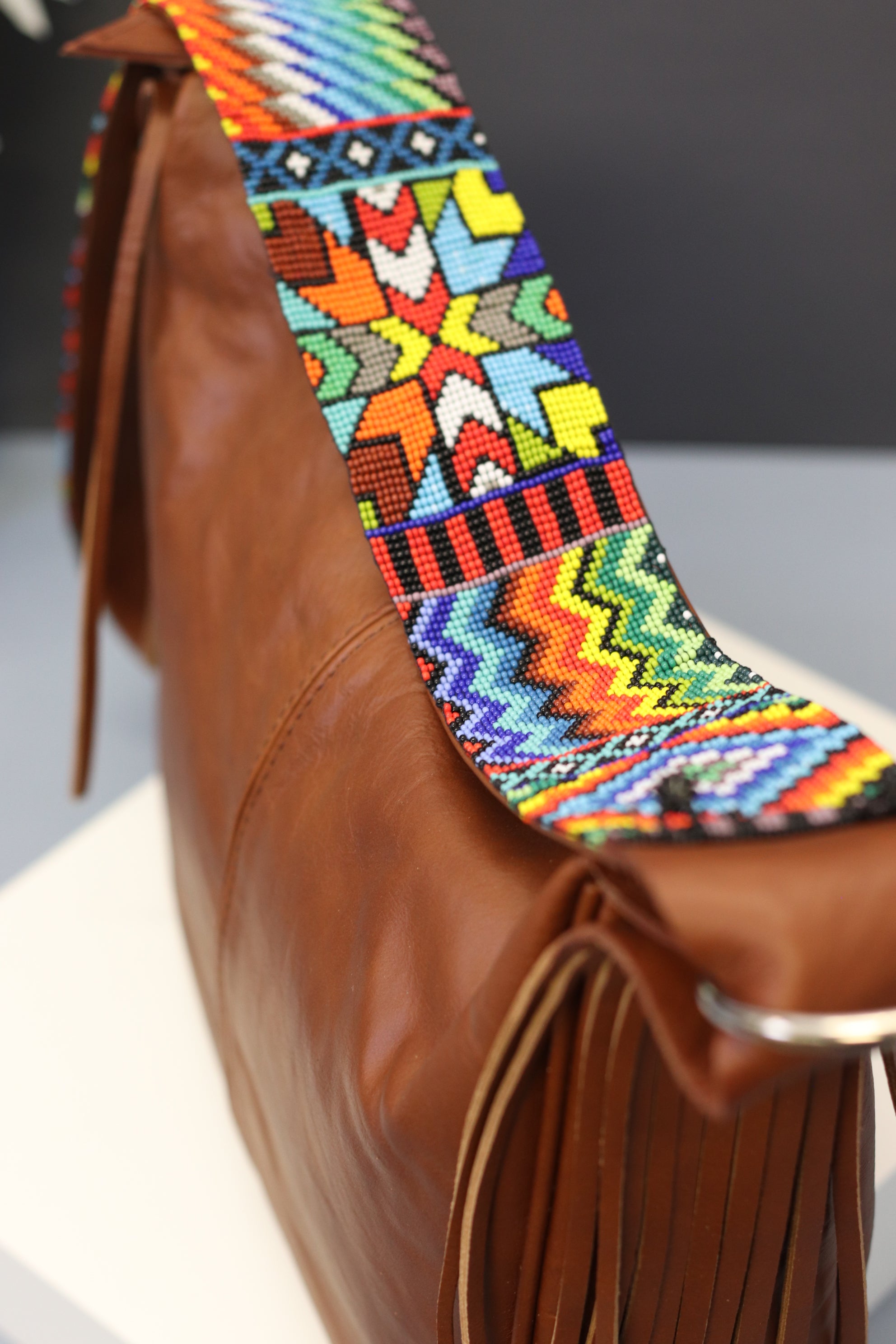 Brown Leather Messenger Bag with Hand Beaded Shoulder Strap Purse Fashion