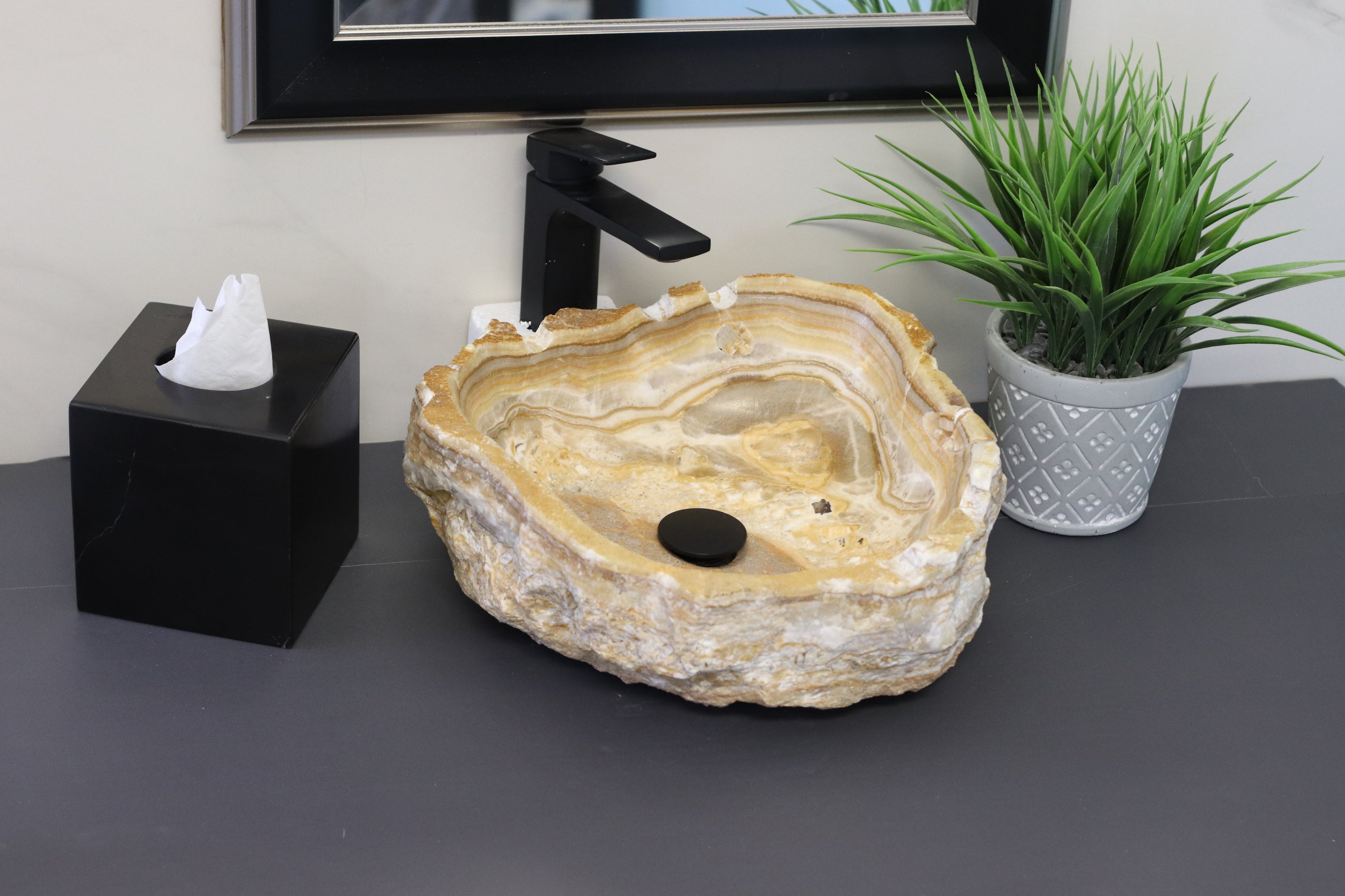 Brown and Orange Onyx Stone Bathroom Vessel Sink. Adobe counter sinks. High-polished Epoxy and Light Stone Sealant available for the inner bowl. Made in Mexico. Hand Finished in USA. Buy Now at www.felipeandgrace.com