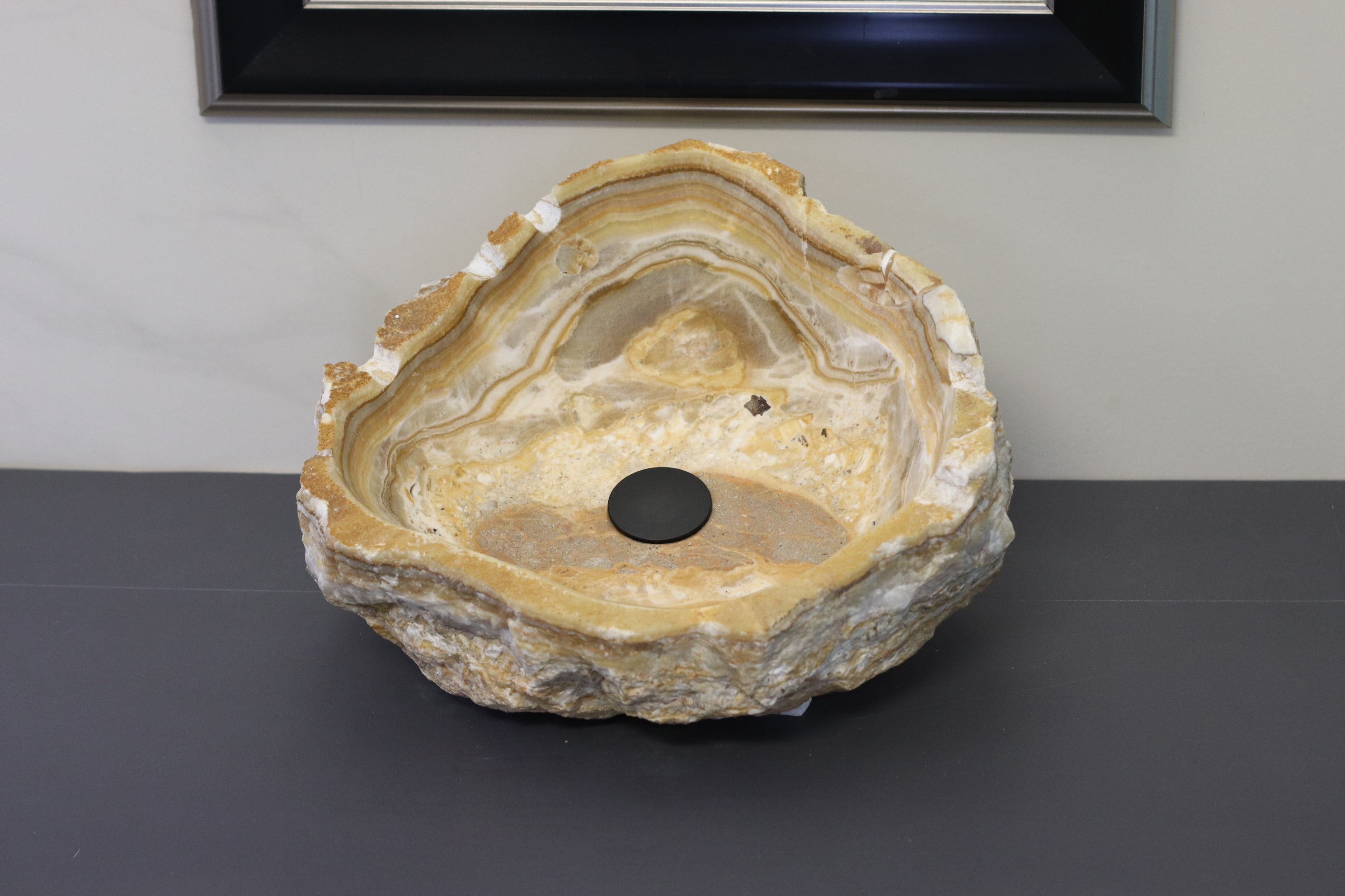 Brown and Orange Onyx Stone Bathroom Vessel Sink. Adobe counter sinks. High-polished Epoxy and Light Stone Sealant available for the inner bowl. Made in Mexico. Hand Finished in USA. Buy Now at www.felipeandgrace.com