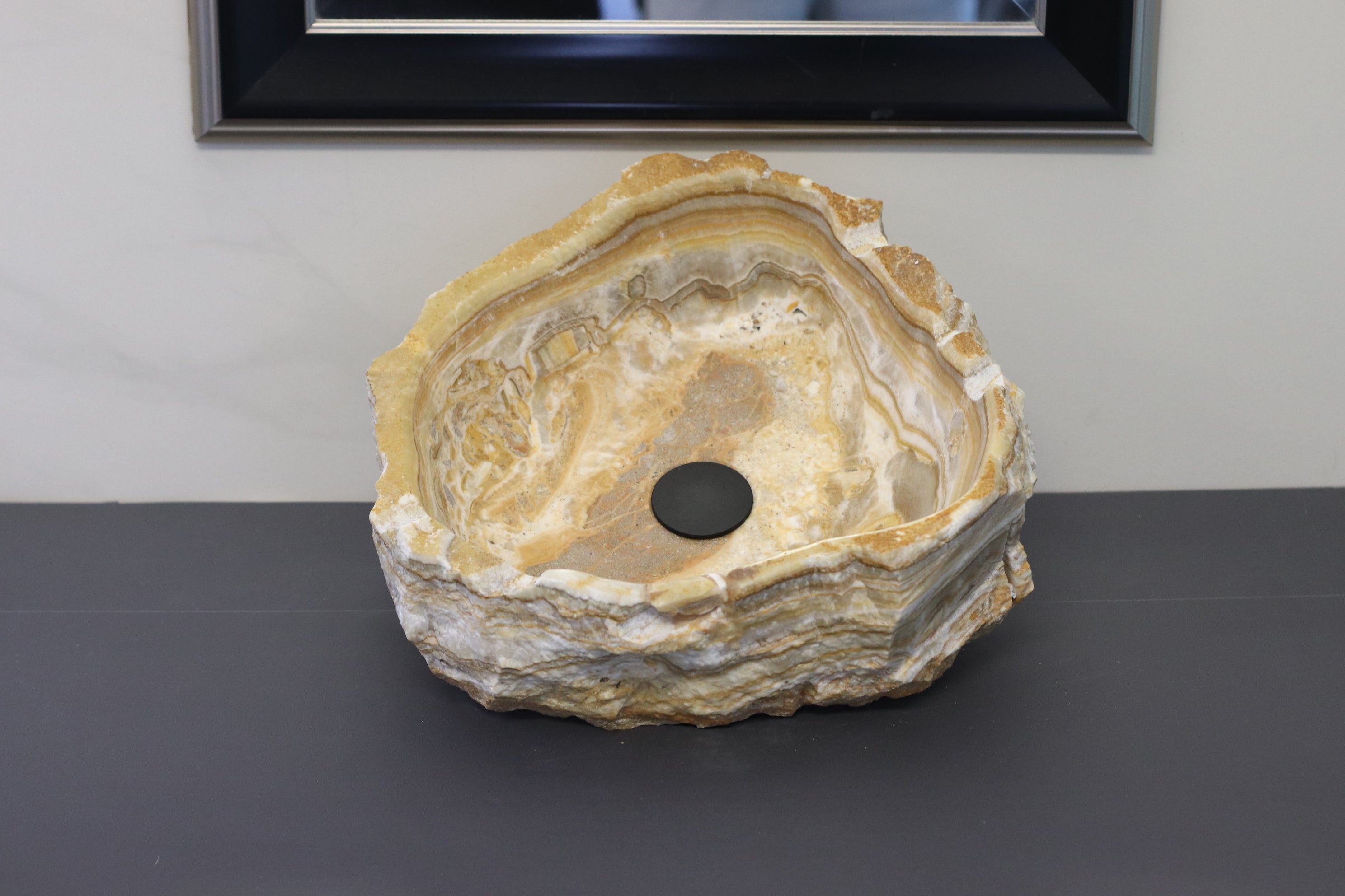 Brown and Orange Onyx Stone Bathroom Vessel Sink. Adobe counter sinks. High-polished Epoxy and Light Stone Sealant available for the inner bowl. Made in Mexico. Hand Finished in USA. Buy Now at www.felipeandgrace.com