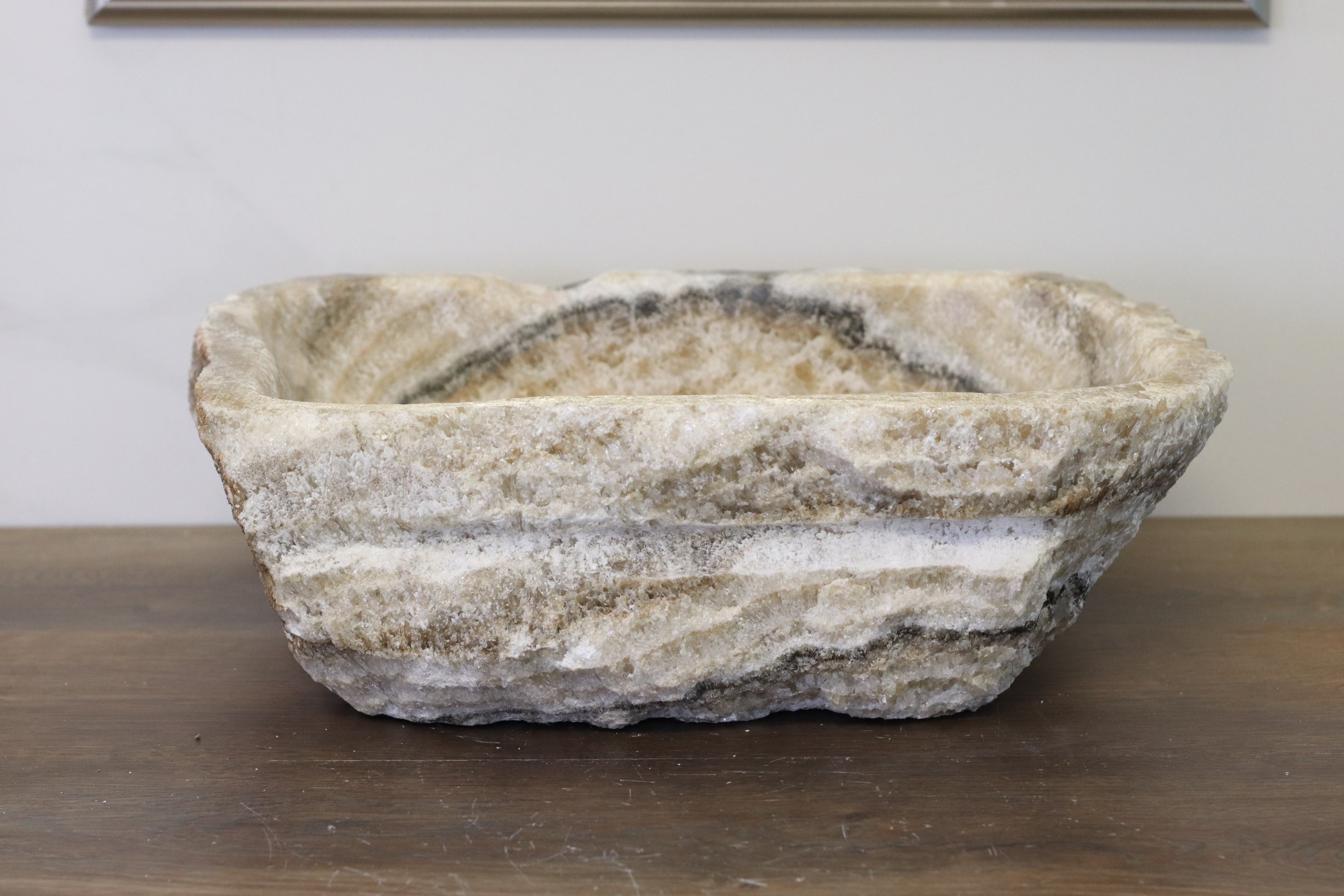 Brown and Beige Onyx Vessel Bathroom Sink. Irregular Shape. We offer fast shipping. Handmade in Mexico. We hand finish, package, and ship from the USA. Buy now at www.felipeandgrace.com.