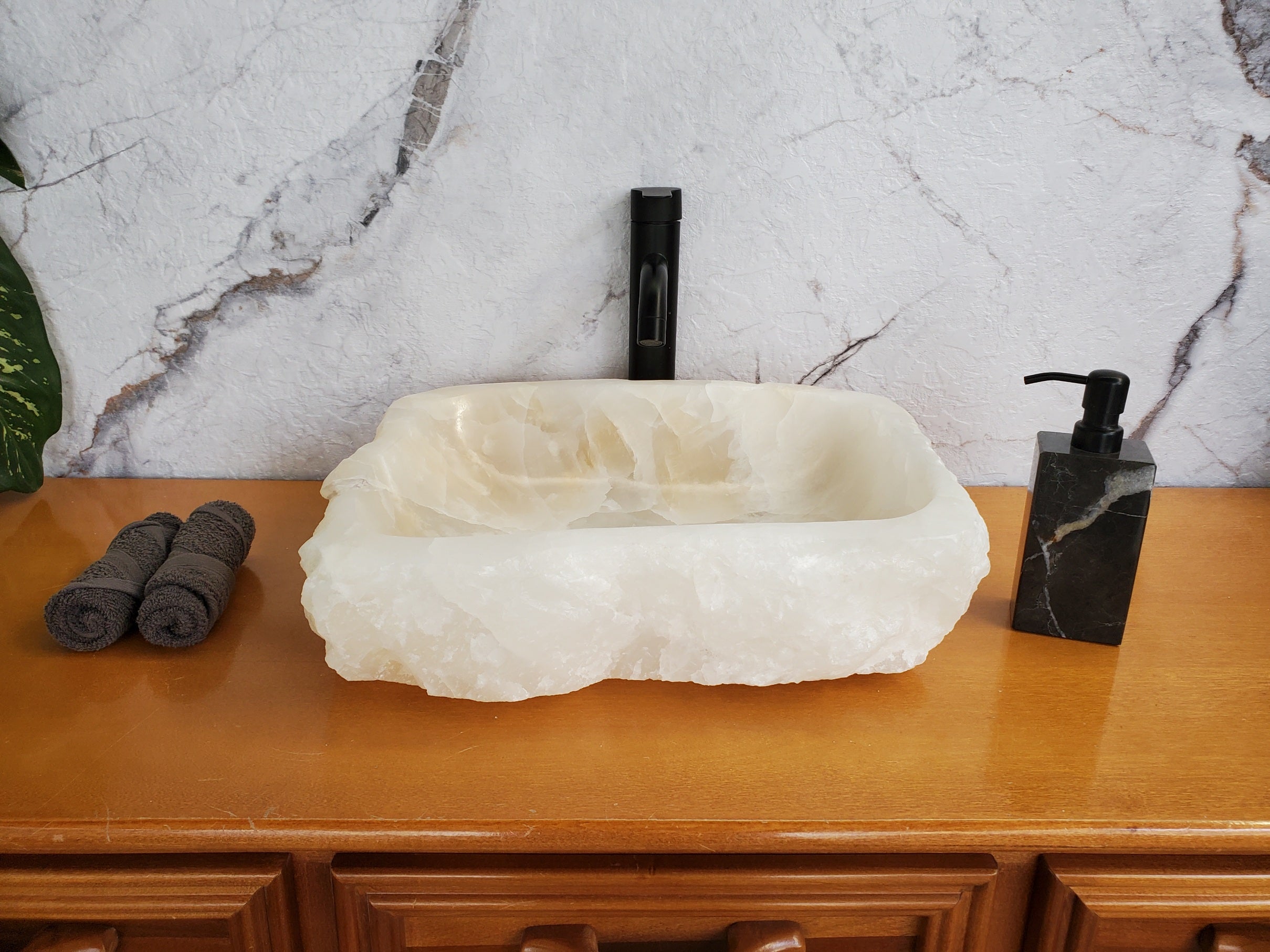 S35_08 White Onyx Marble Vessel Sink, 17x13 Inch Natural Stone Countertop Basin, Polished Luxury Vanity Sink, Spa Bathroom Decor Bathroom Sinks