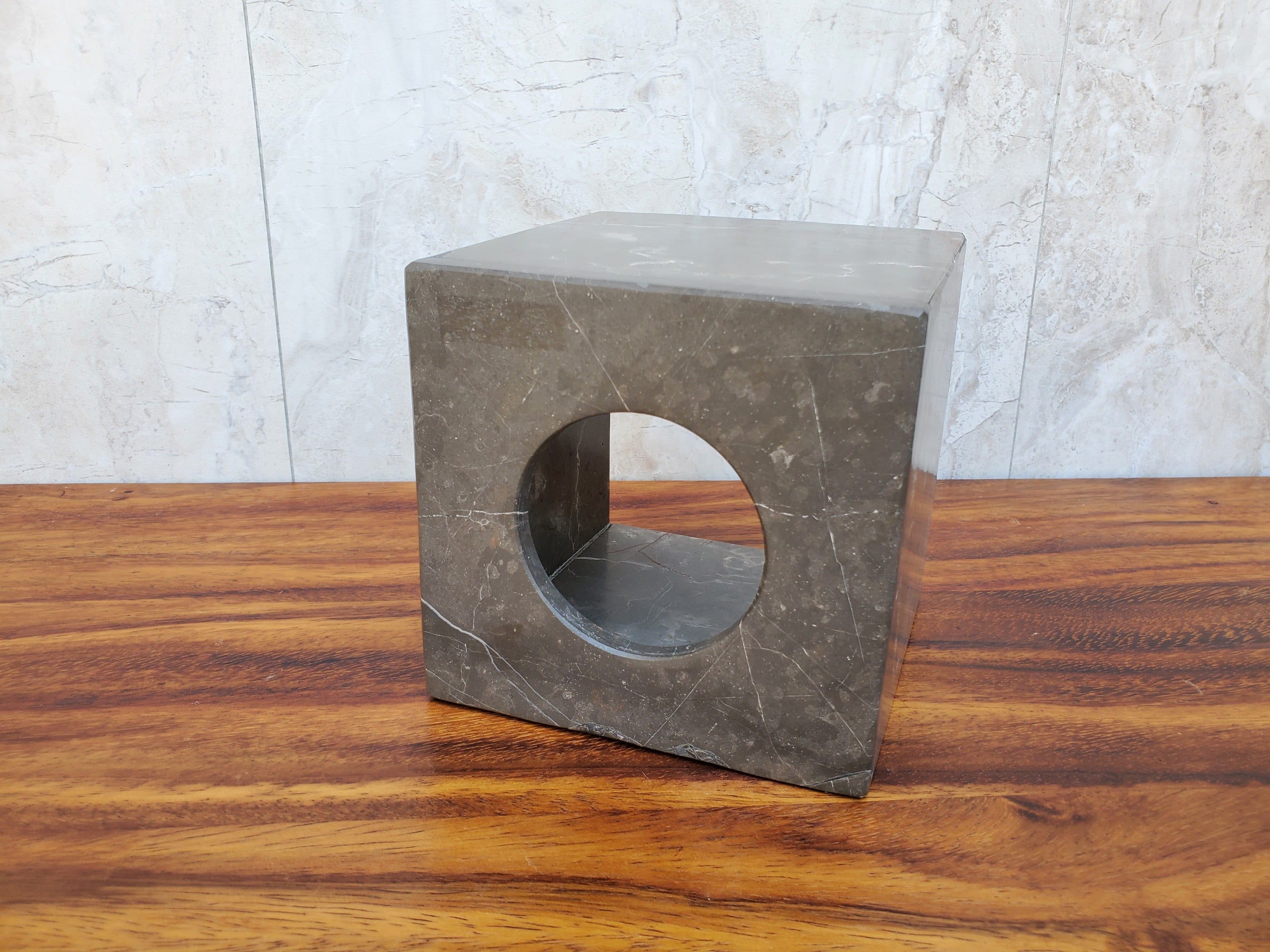 Square Gray Marble Tissue Box Cover with White Veining. Created from a single block of stone. Handmade in Mexico. Ships from the USA. Buy now at www.felipeandgrace.com.