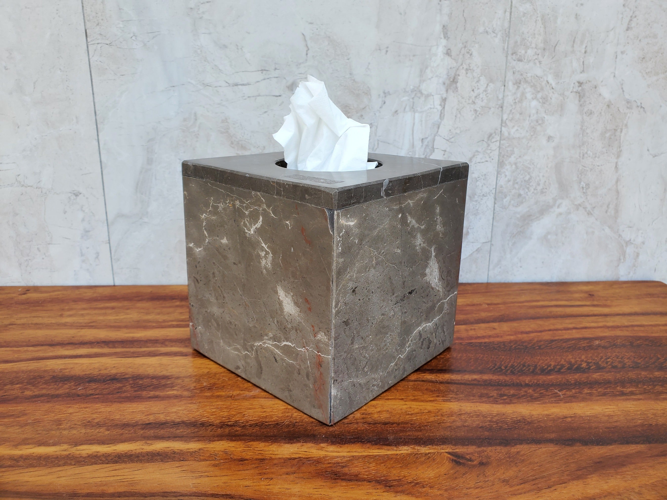 Square Gray Marble Tissue Box Cover with White Veining. Created from a single block of stone. Handmade in Mexico. Ships from the USA. Buy now at www.felipeandgrace.com.