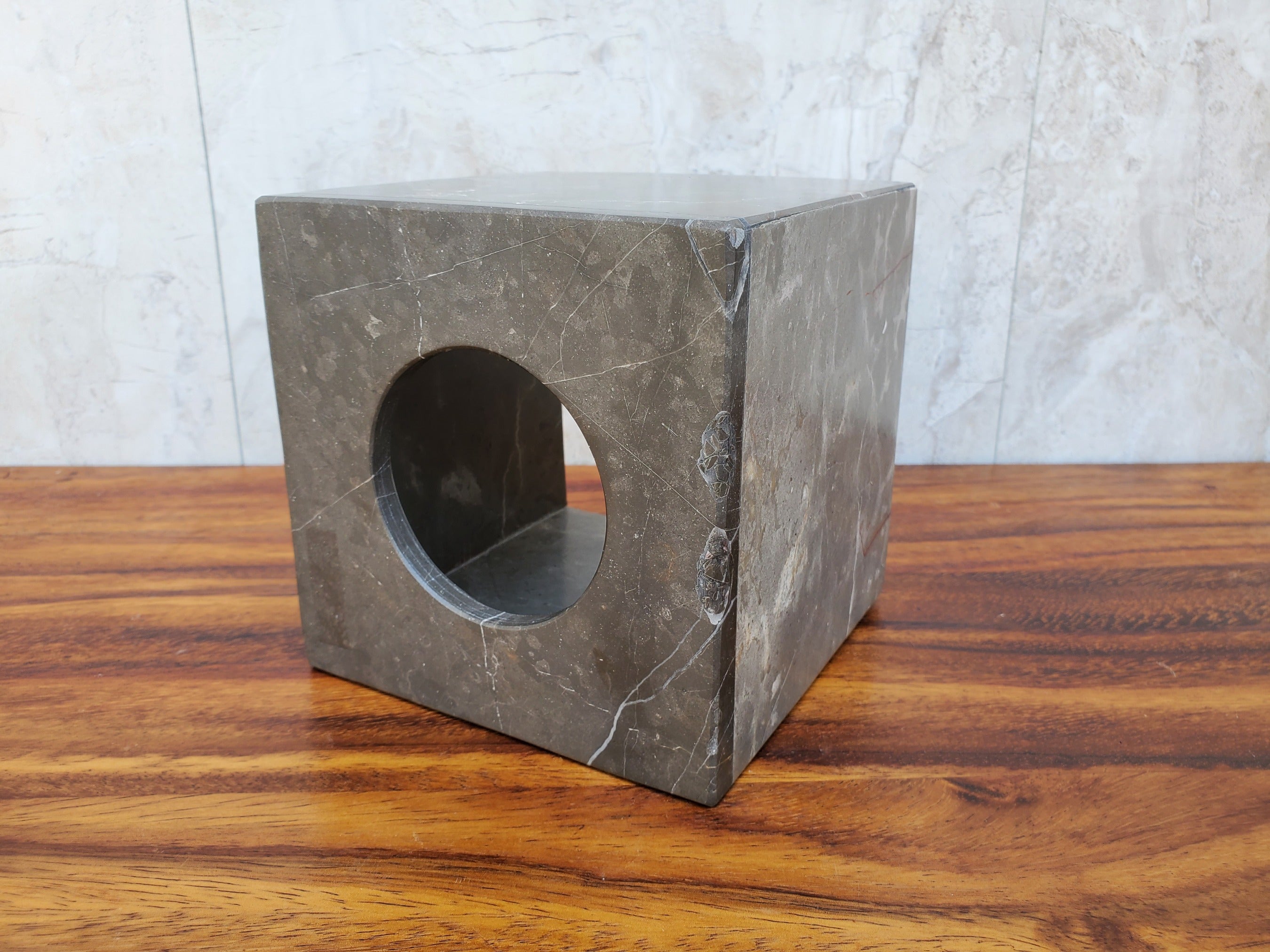 Square Gray Marble Tissue Box Cover with White Veining. Created from a single block of stone. Handmade in Mexico. Ships from the USA. Buy now at www.felipeandgrace.com.