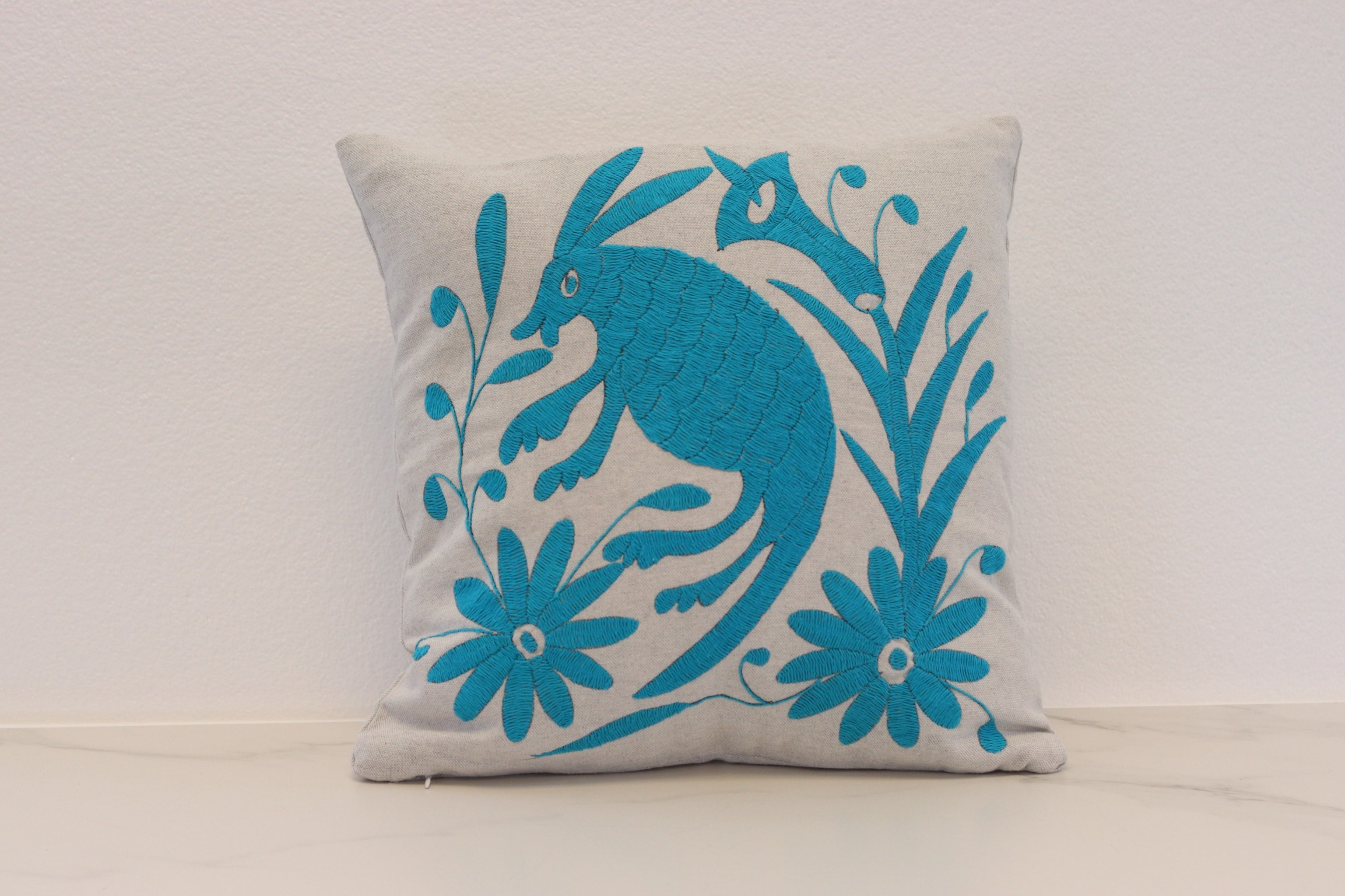 Aqua and Gray Tenango Pillow Cover, Hand Embroidered Otomi Art, Handmade Authentic Mexican Decor Home Pillow Covers