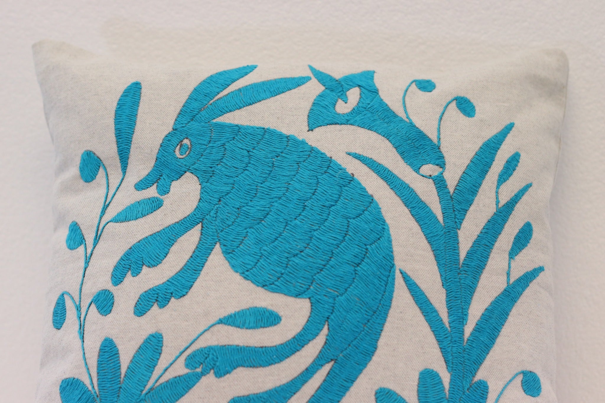 Aqua and Gray Tenango Pillow Cover, Hand Embroidered Otomi Art, Handmade Authentic Mexican Decor Home Pillow Covers