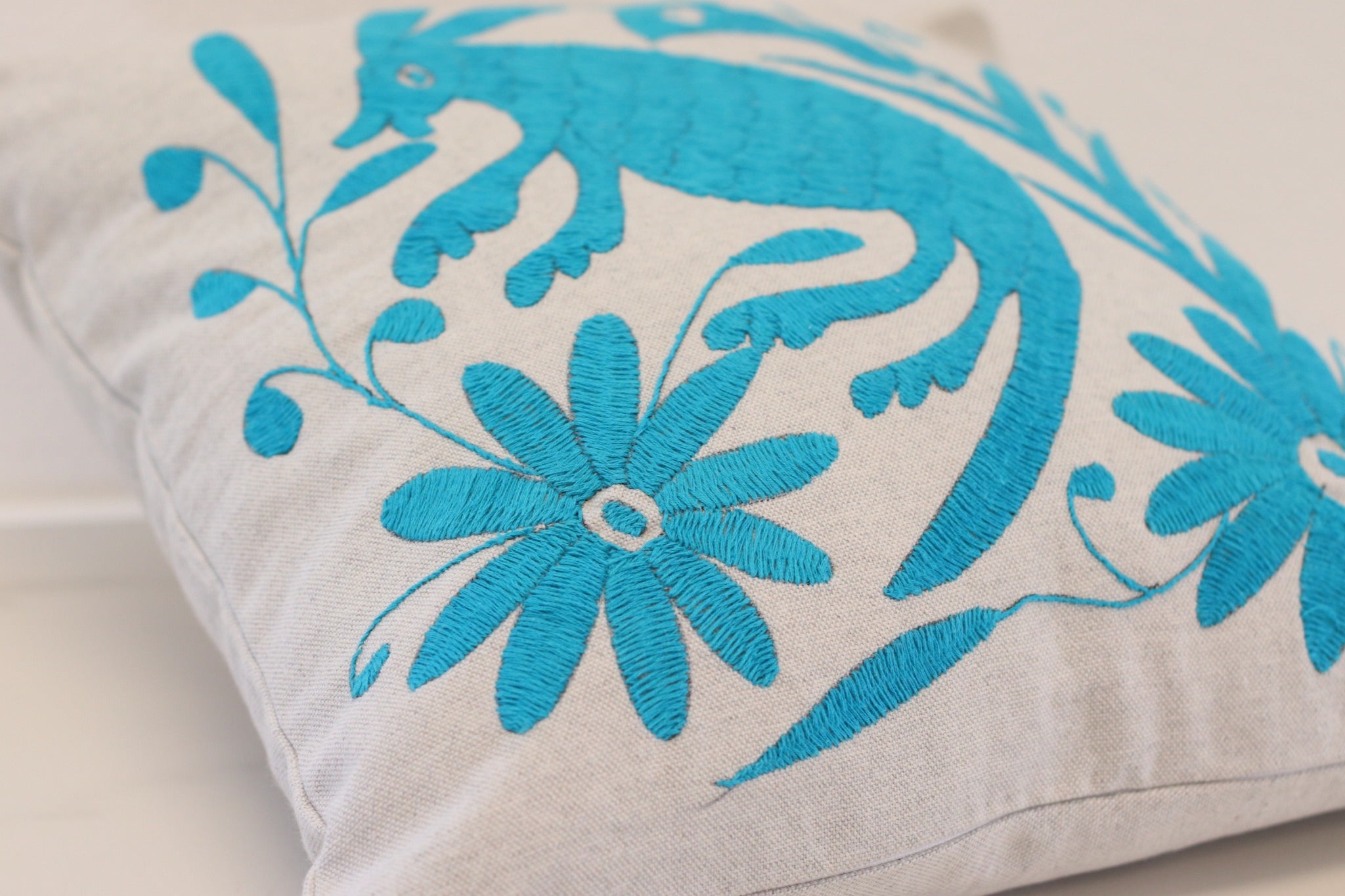 Aqua and Gray Tenango Pillow Cover, Hand Embroidered Otomi Art, Handmade Authentic Mexican Decor Home Pillow Covers