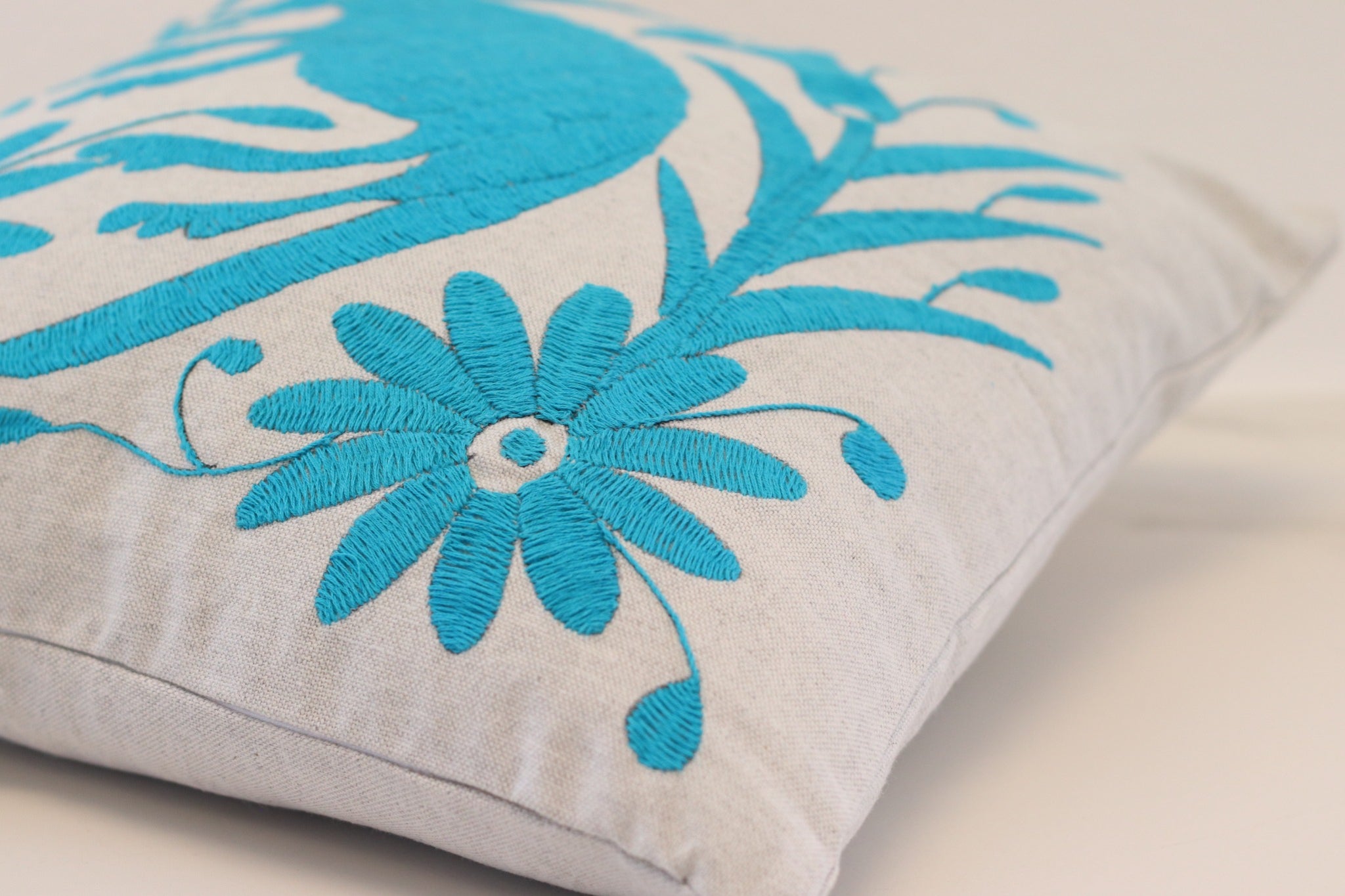 Aqua and Gray Tenango Pillow Cover, Hand Embroidered Otomi Art, Handmade Authentic Mexican Decor Home Pillow Covers