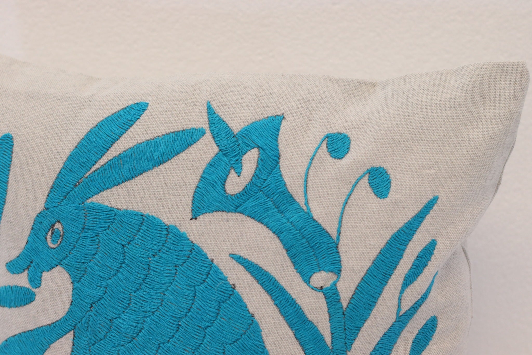 Aqua and Gray Tenango Pillow Cover, Hand Embroidered Otomi Art, Handmade Authentic Mexican Decor Home Pillow Covers