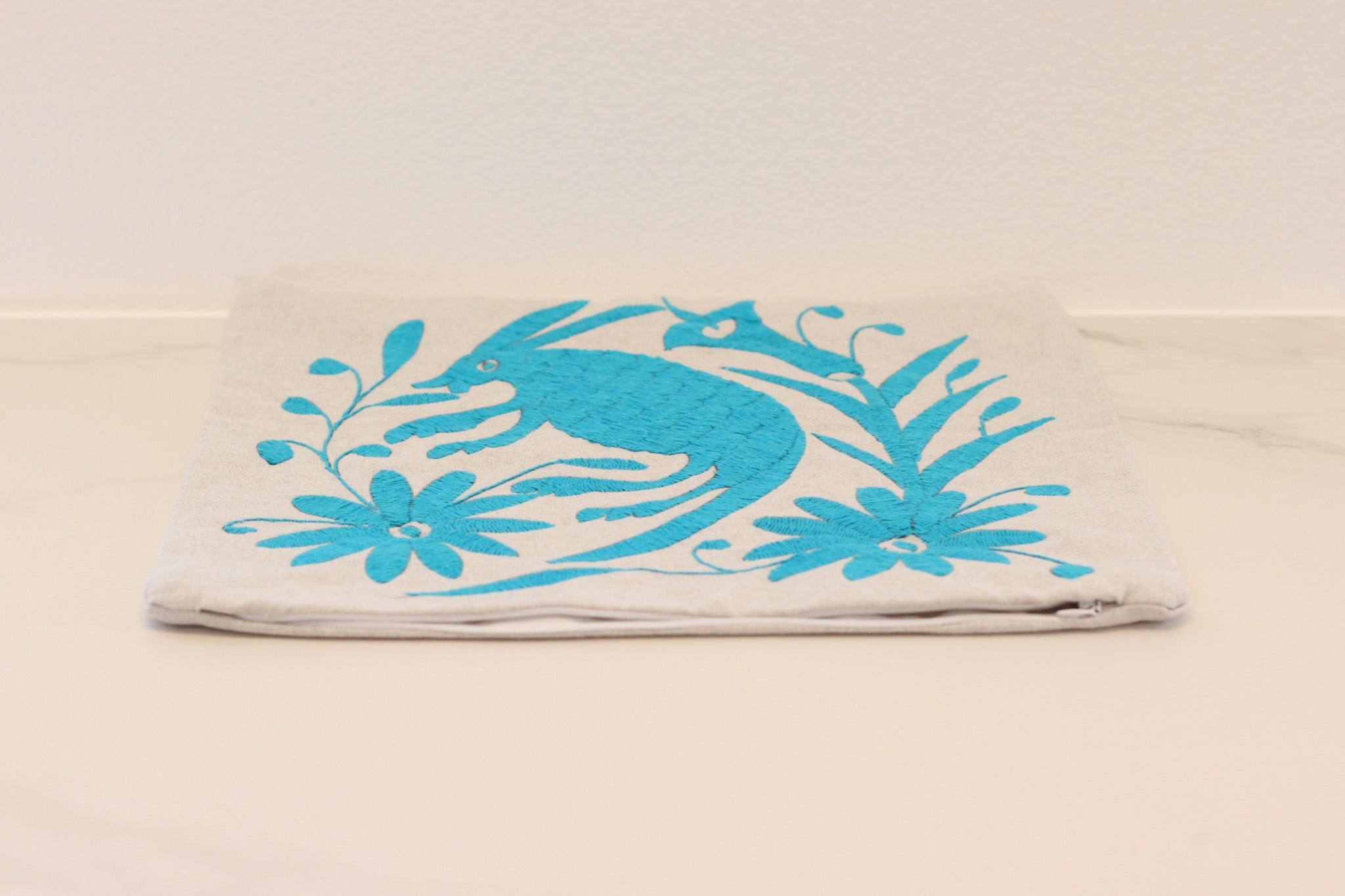 Aqua and Gray Tenango Pillow Cover, Hand Embroidered Otomi Art, Handmade Authentic Mexican Decor Home Pillow Covers