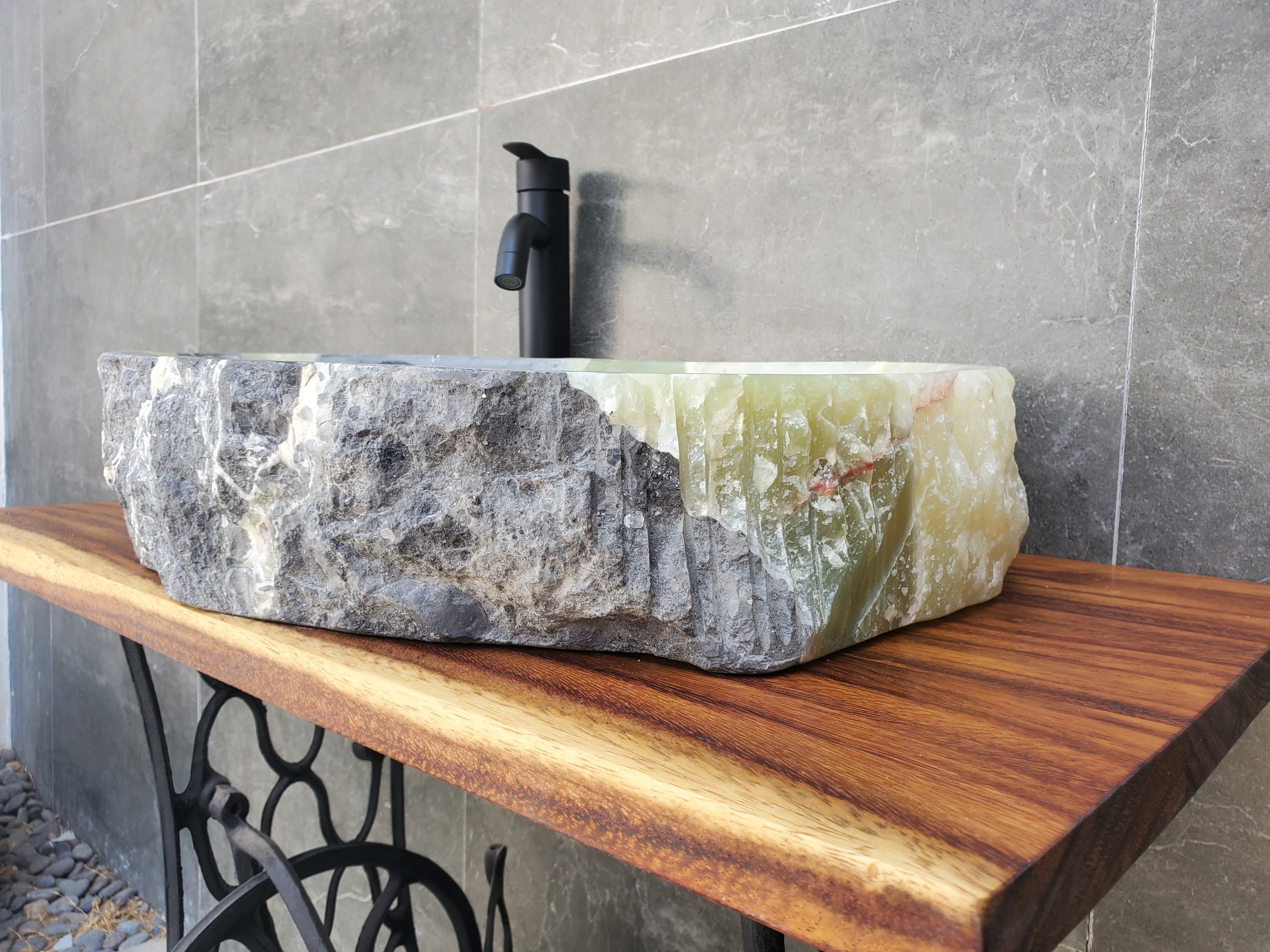 Green and Gray Onyx Stone Vessel Sink. It is one of a kind and a beautiful work of art. Handmade in Mexico. Hand Finished in the USA. Ships from the USA. A beautiful work of art. Buy now at www.felipeandgrace.com.