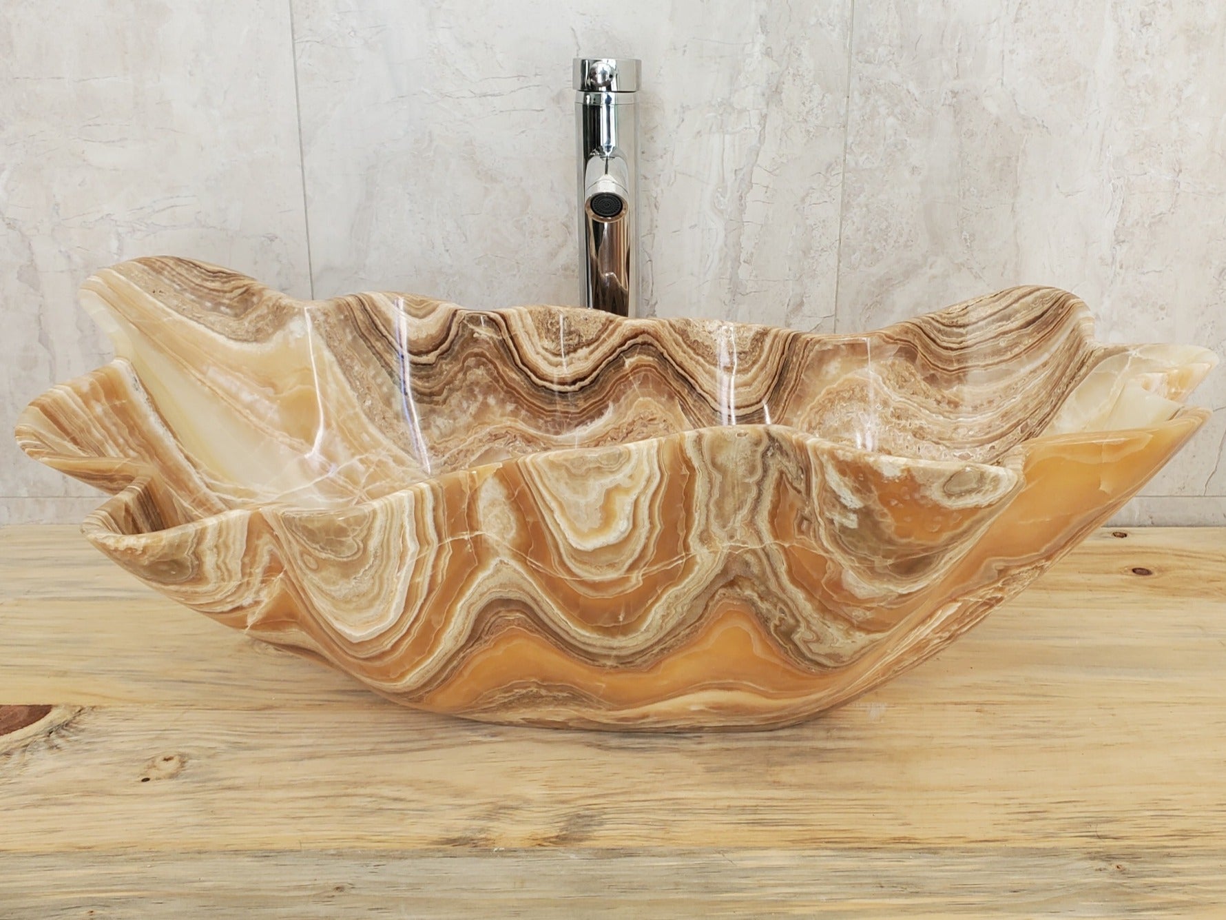 Beige and Tan Onyx Vessel Sink- Oyster Shell Shaped Onyx Sinks Featured Onyx Sinks Sinks