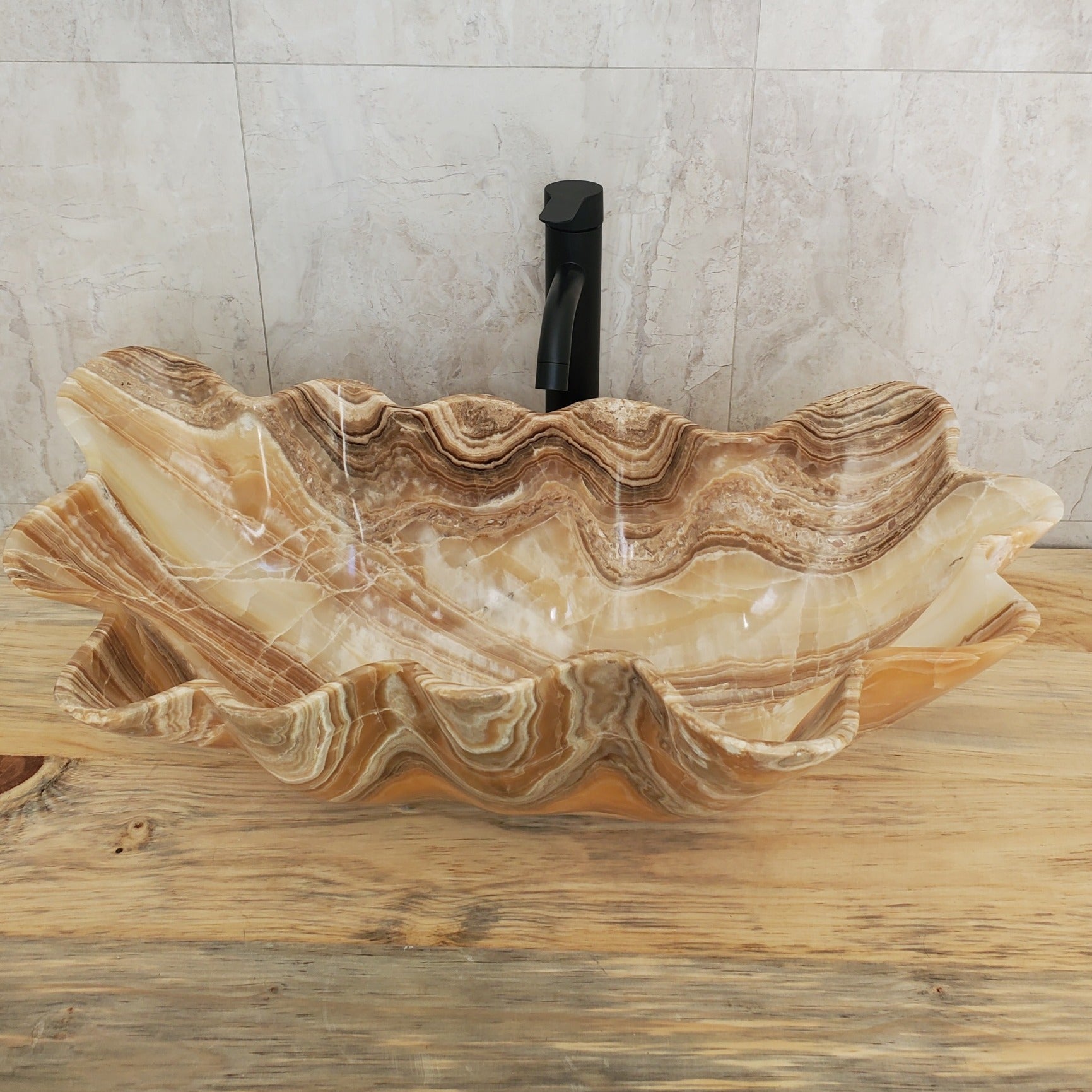 Beige and Tan Onyx Vessel Sink- Oyster Shell Shaped Onyx Sinks Featured Onyx Sinks Sinks