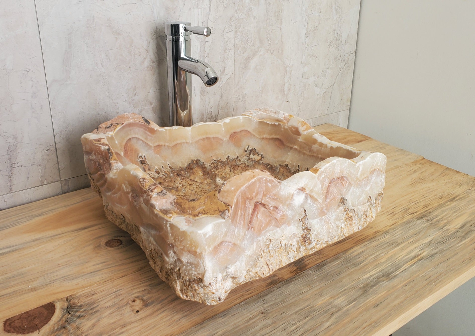 Brown and Beige Onyx Stone Vessel Bathroom Sink Onyx Sinks Onyx Sinks Sinks