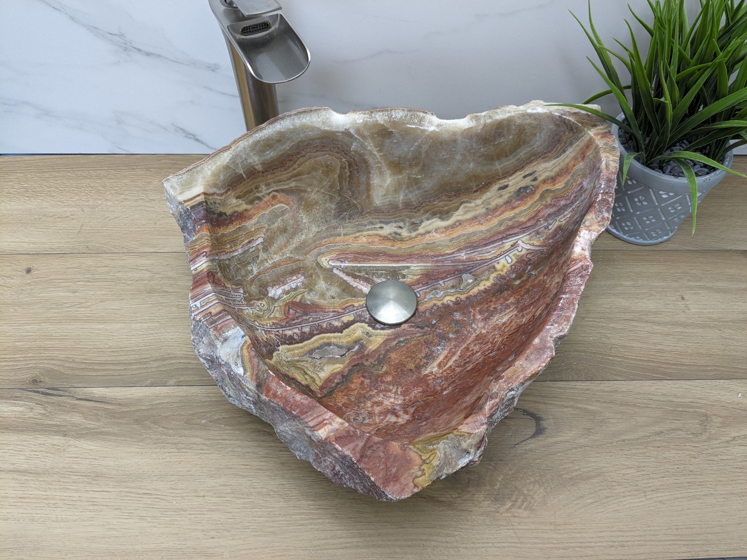 Pink and Gold Onyx Stone Vessel Bathroom Sink Bathroom Sinks Onyx Sinks Sinks