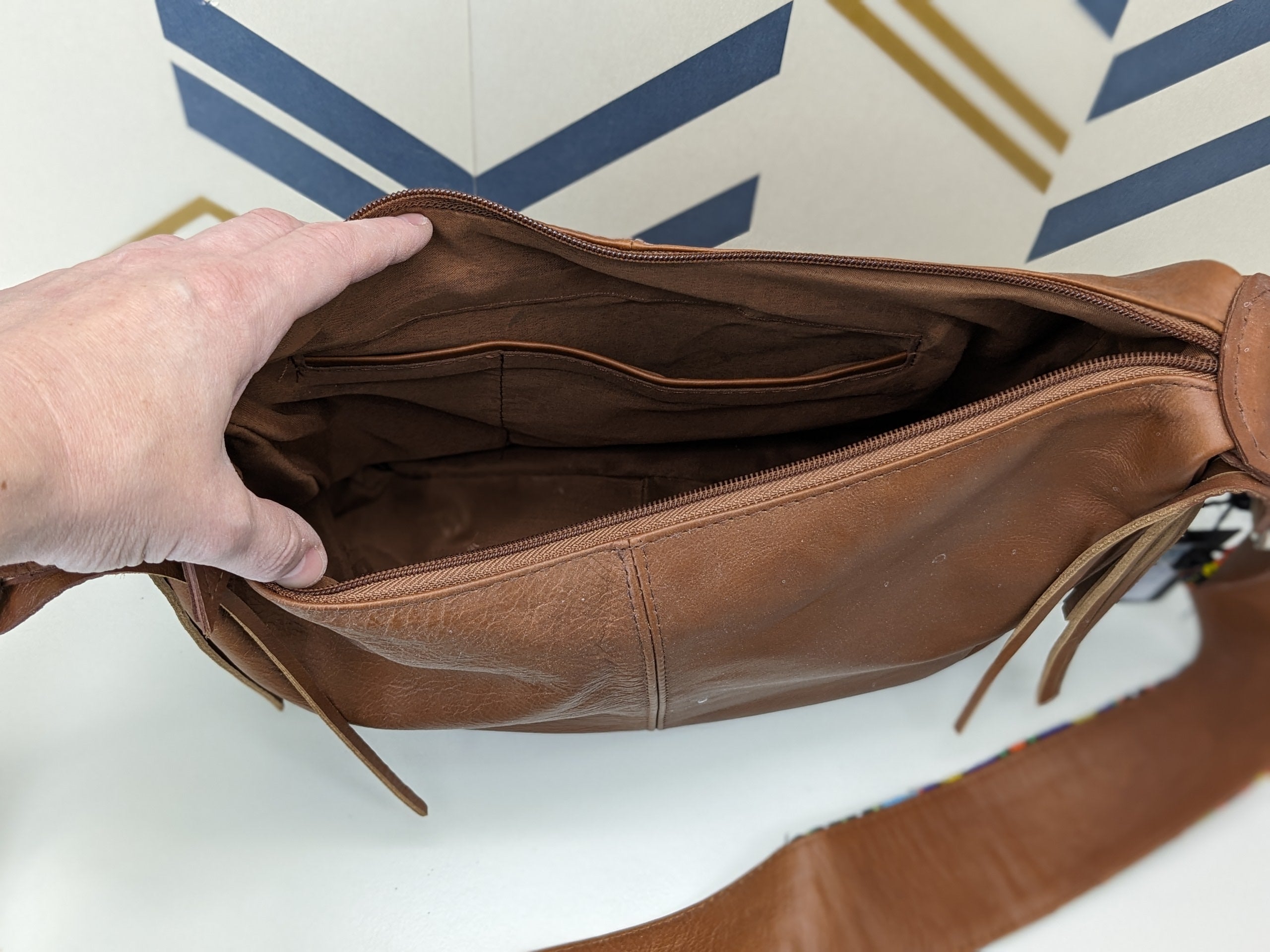 Brown Leather Messenger Bag with Hand Beaded Shoulder Strap Purse Fashion