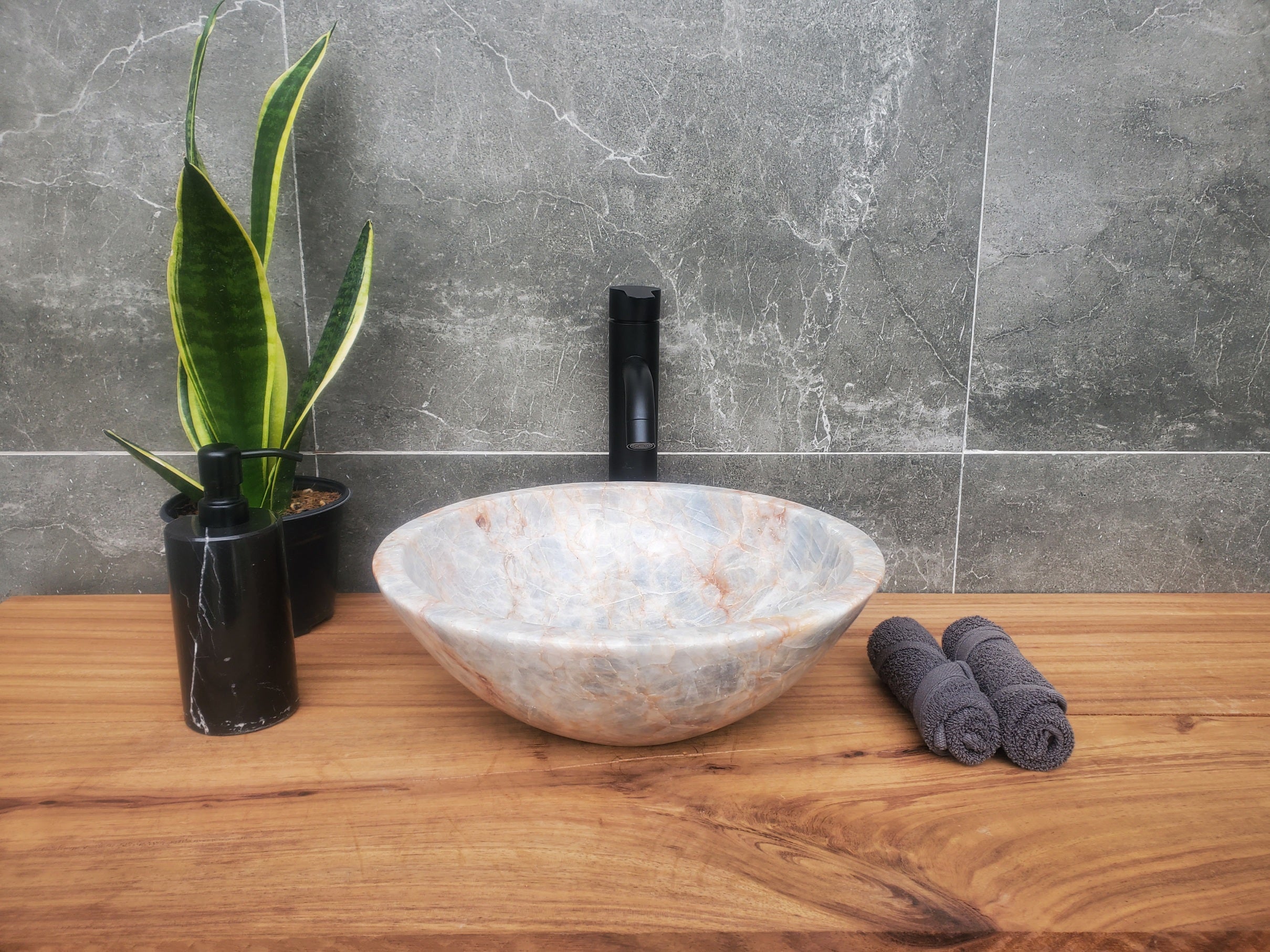 S31_03 Blue Gray Calcite Vessel Bathroom Sink - 14 x 14 inch