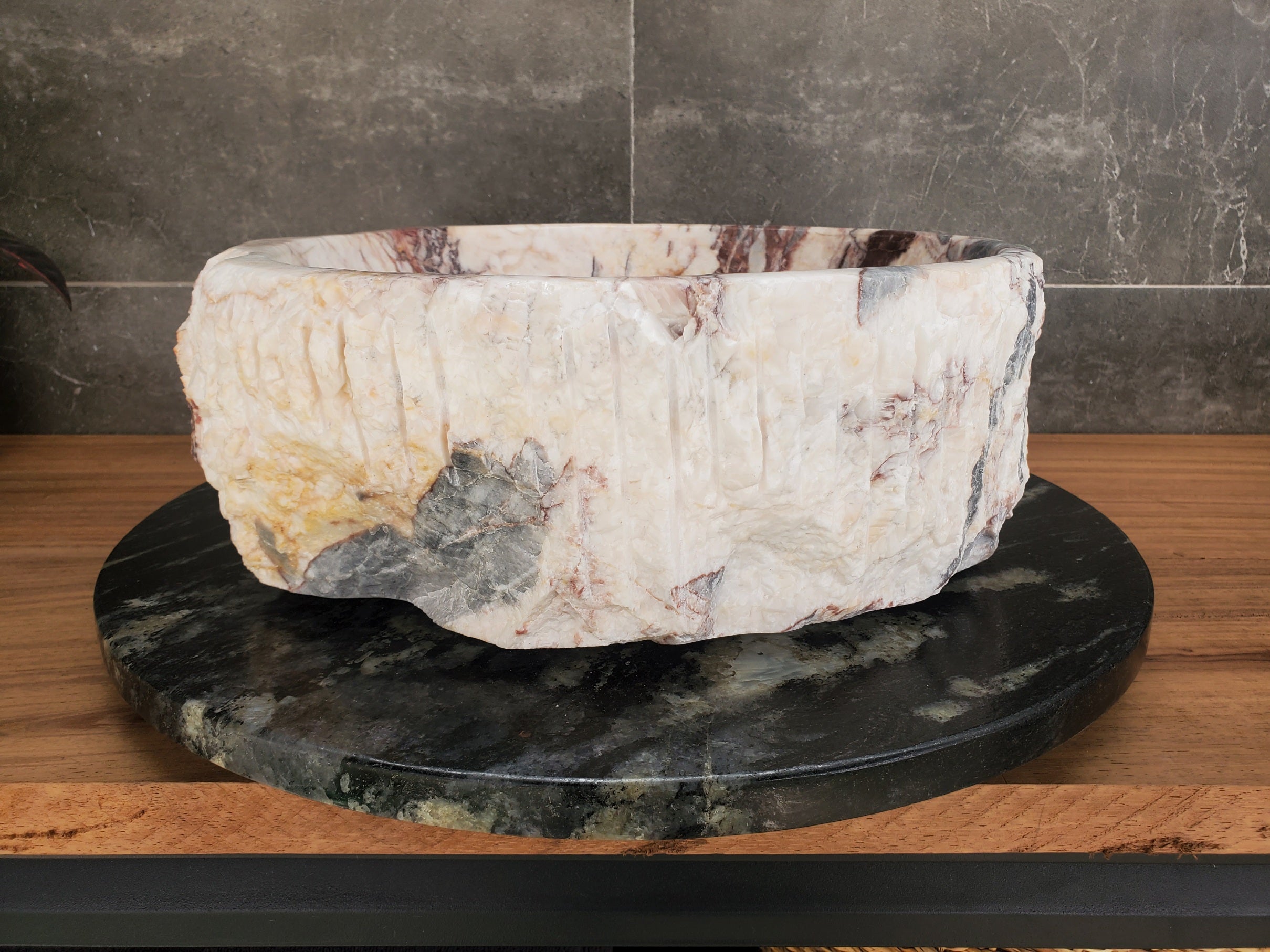 S34_03 Round Onyx Bathroom Stone Vessel Sink - 16 x 14.5 inch