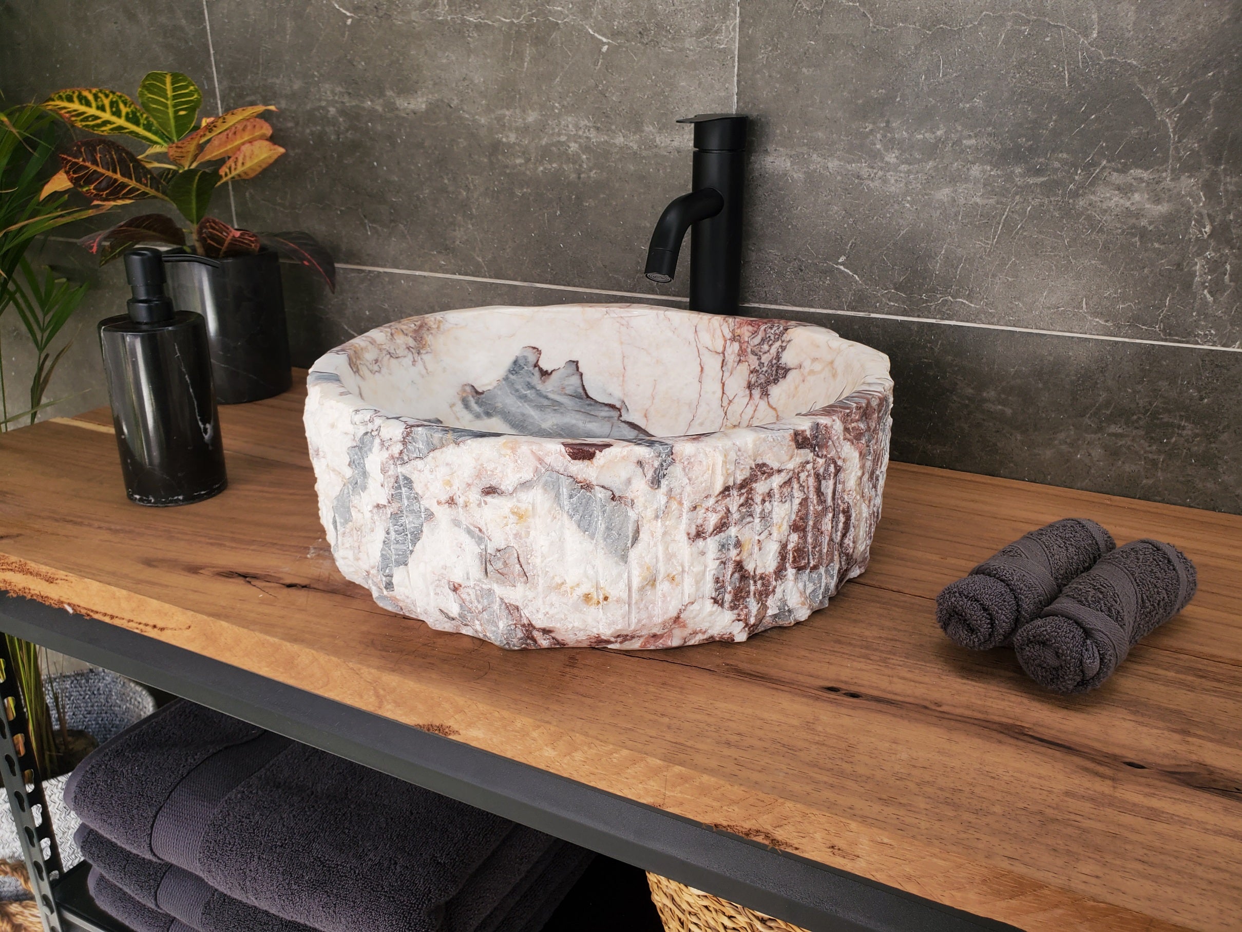 S34_03 Round Onyx Bathroom Stone Vessel Sink - 16 x 14.5 inch
