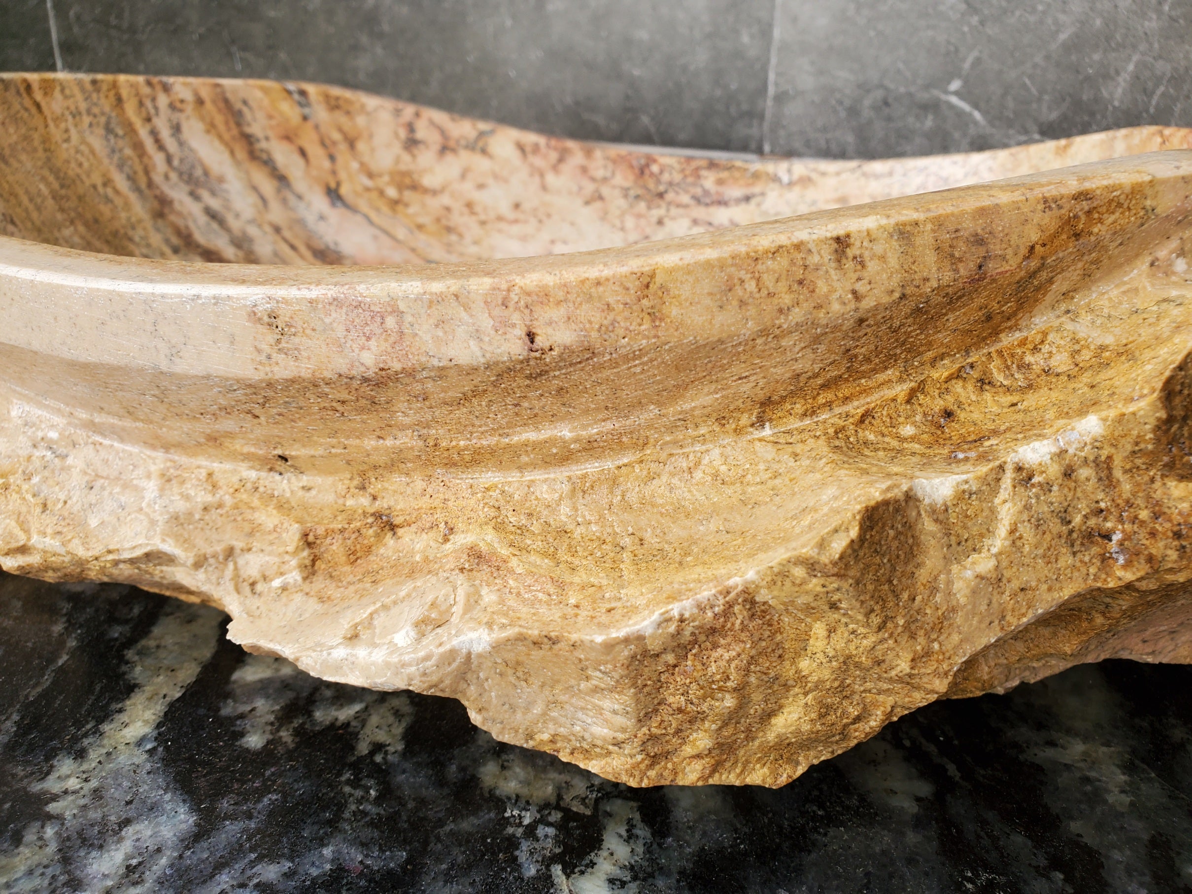 S31_34 Oval Travertine Chiseled Vessel Bathroom Sink - 20 x 14 inch
