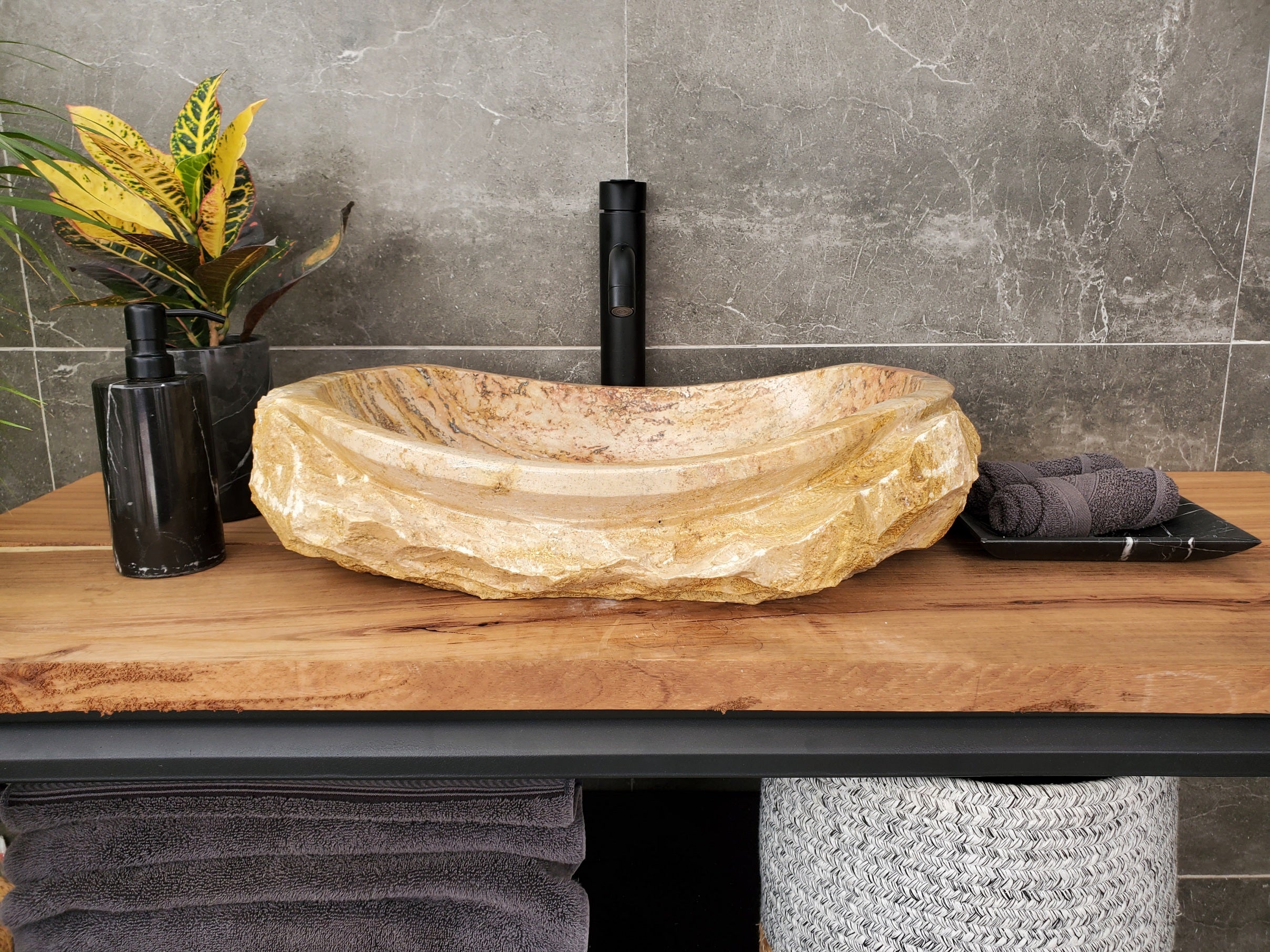 S31_34 Oval Travertine Chiseled Vessel Bathroom Sink