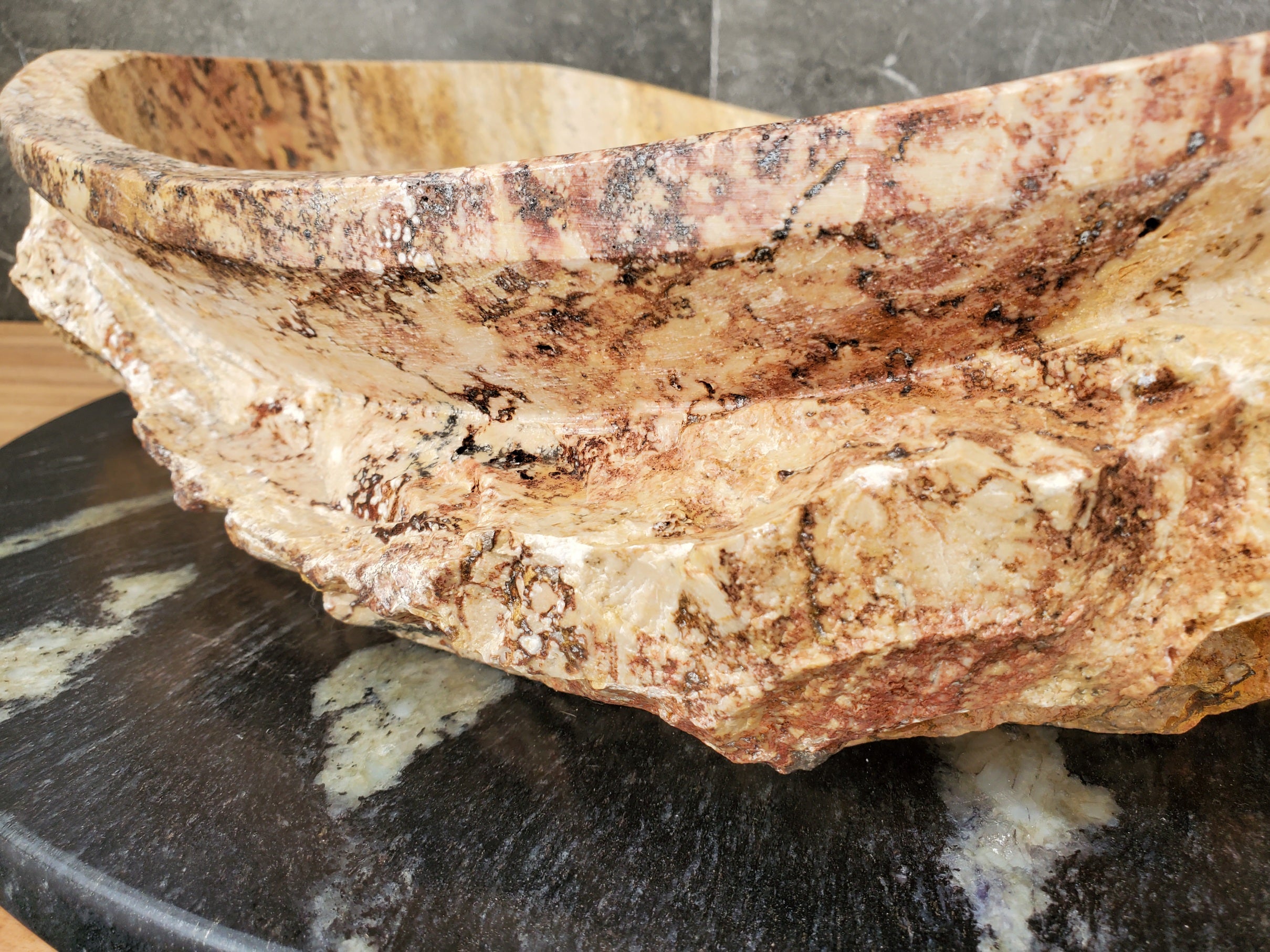 S31_34 Oval Travertine Chiseled Vessel Bathroom Sink