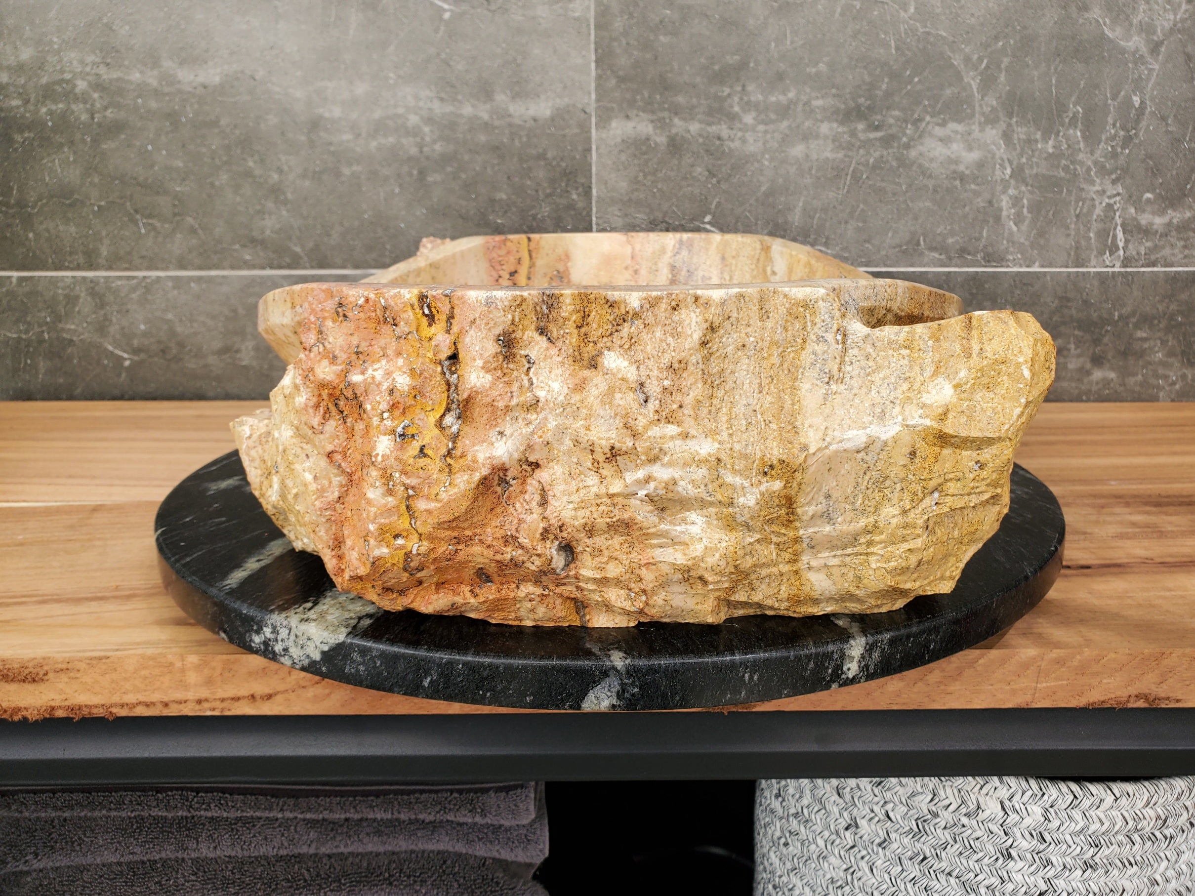 S31_35 Oval Travertine Chiseled Vessel Bathroom Sink