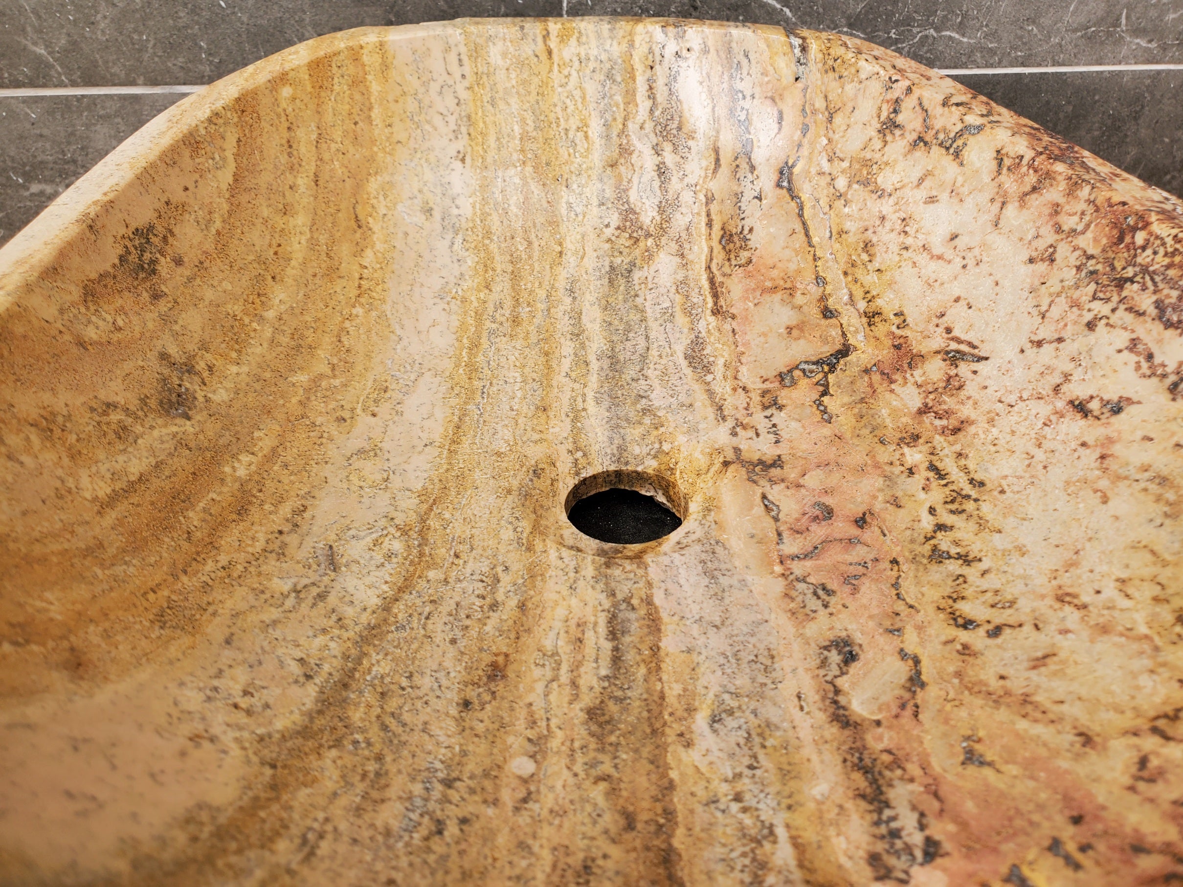 S31_34 Oval Travertine Chiseled Vessel Bathroom Sink