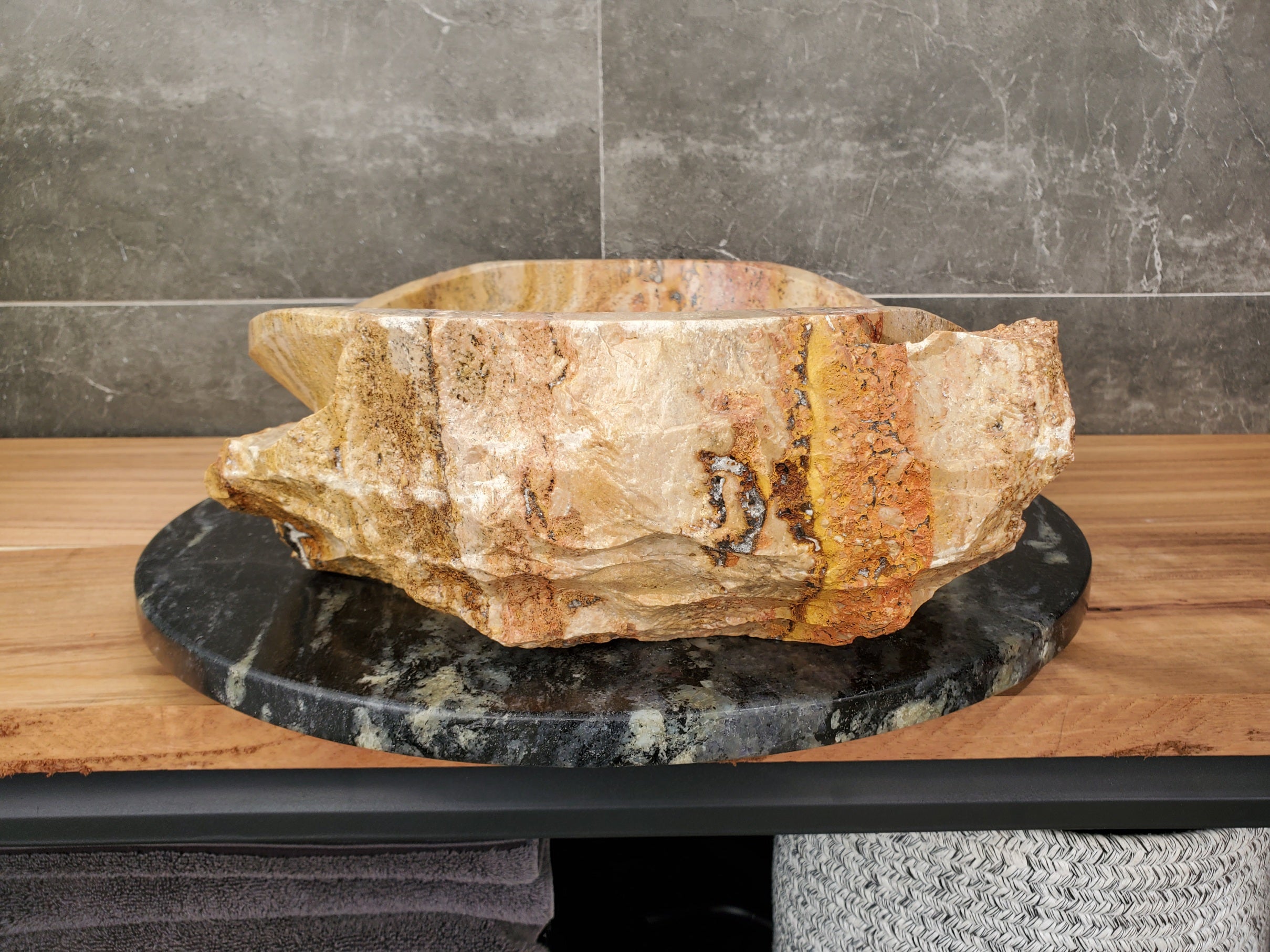 S31_35 Oval Travertine Chiseled Vessel Bathroom Sink