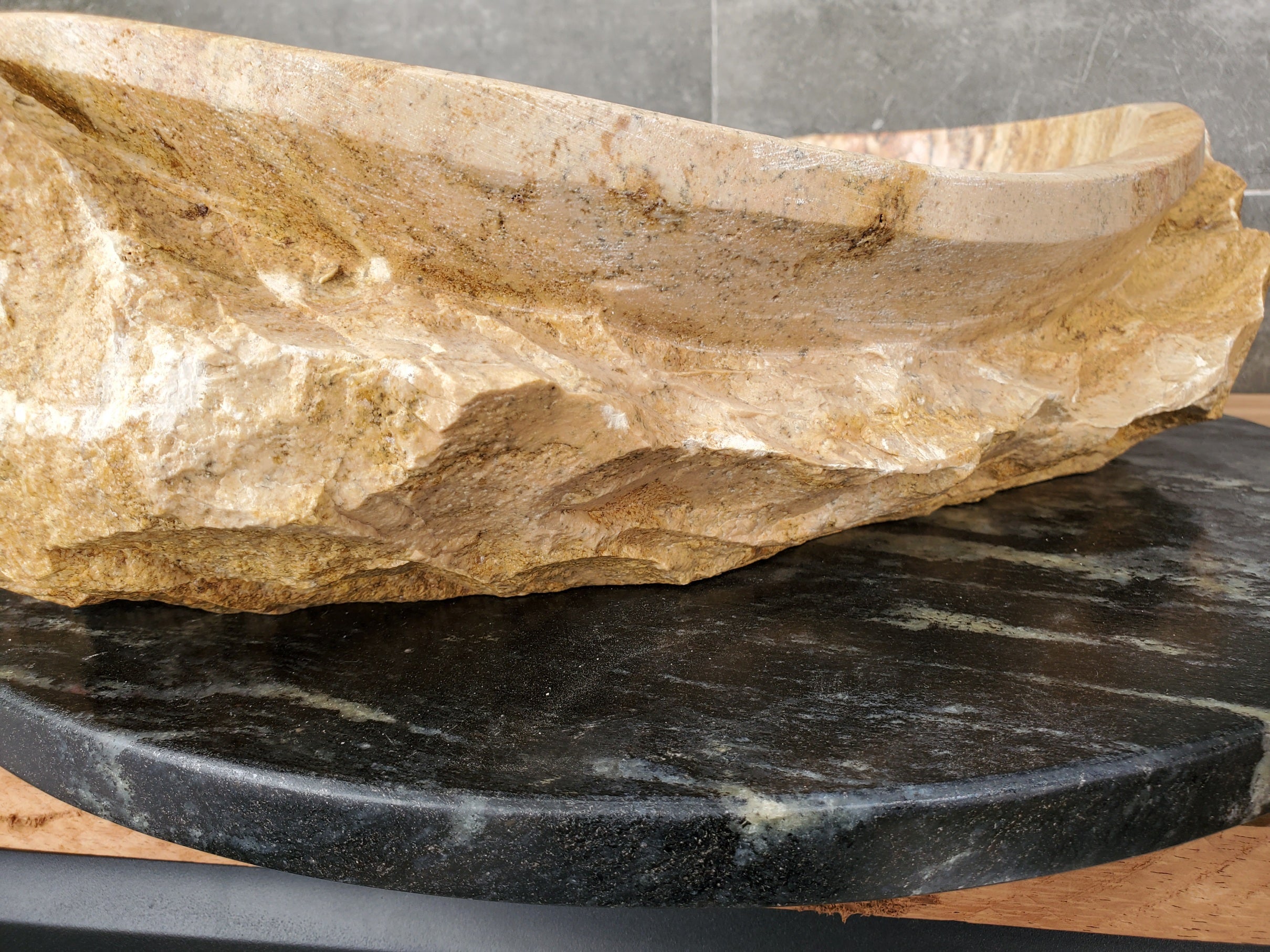 S31_34 Oval Travertine Chiseled Vessel Bathroom Sink - 20 x 14 inch