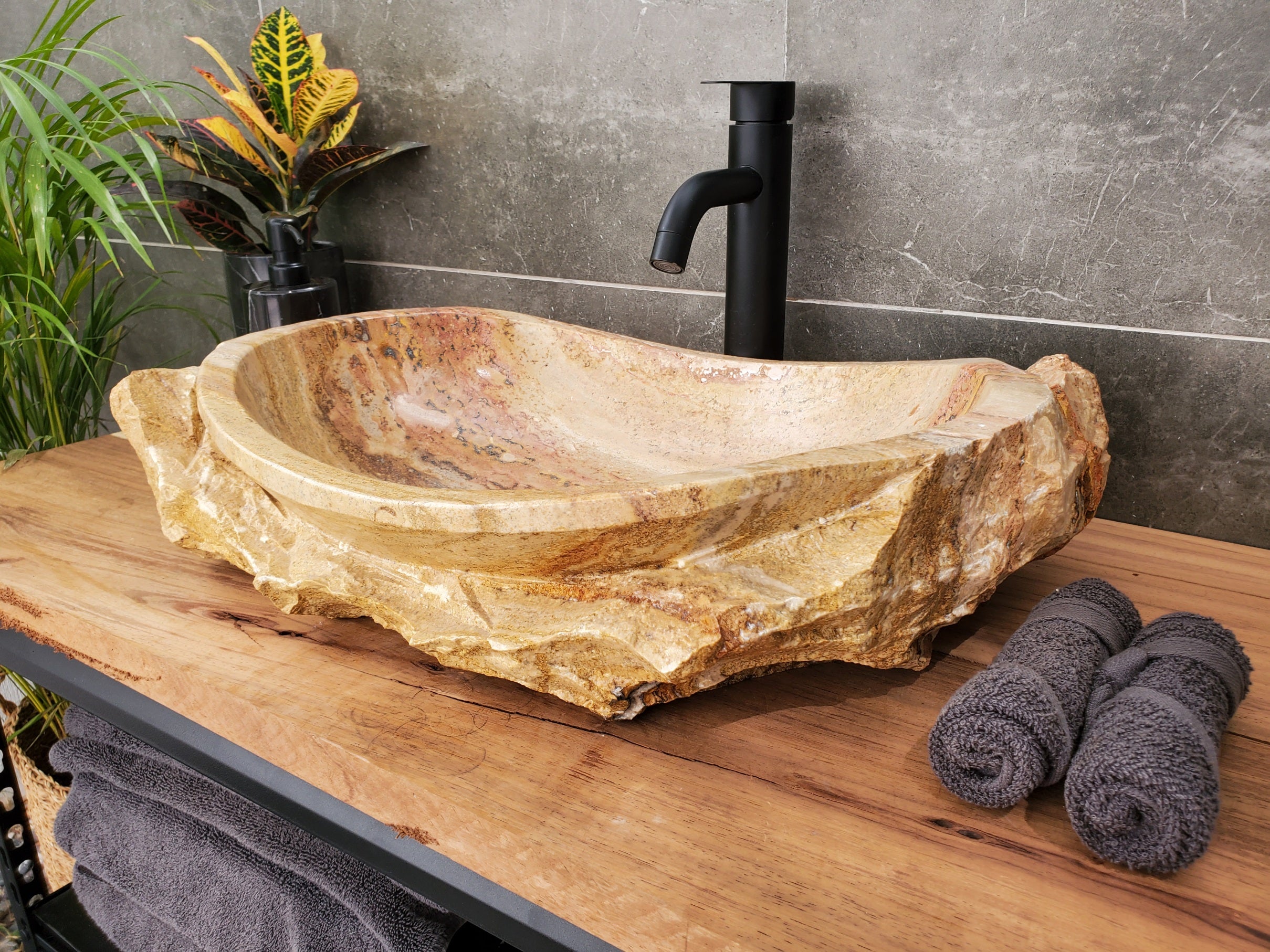 S31_35 Oval Travertine Chiseled Vessel Bathroom Sink