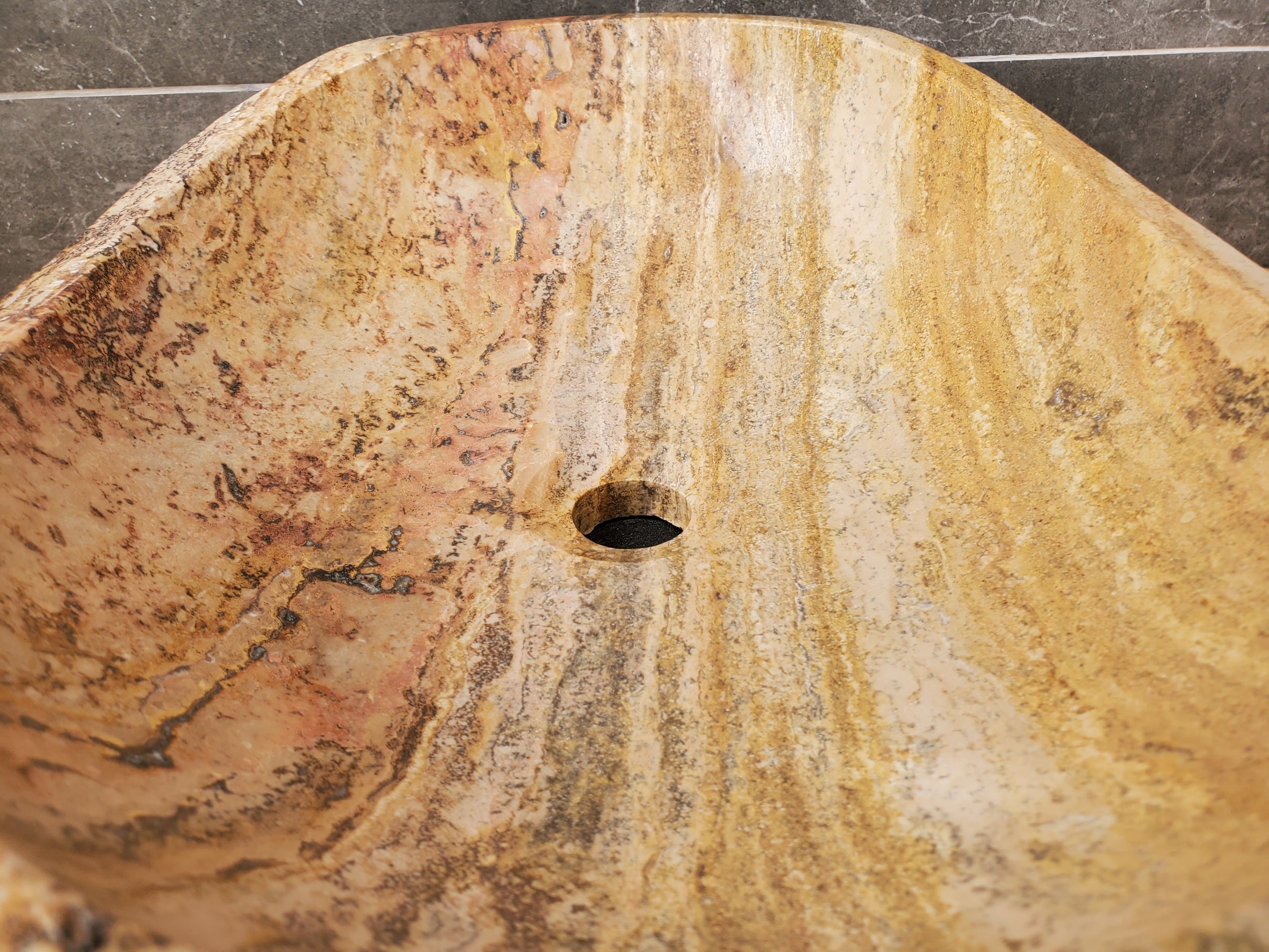 S31_34 Oval Travertine Chiseled Vessel Bathroom Sink - 20 x 14 inch